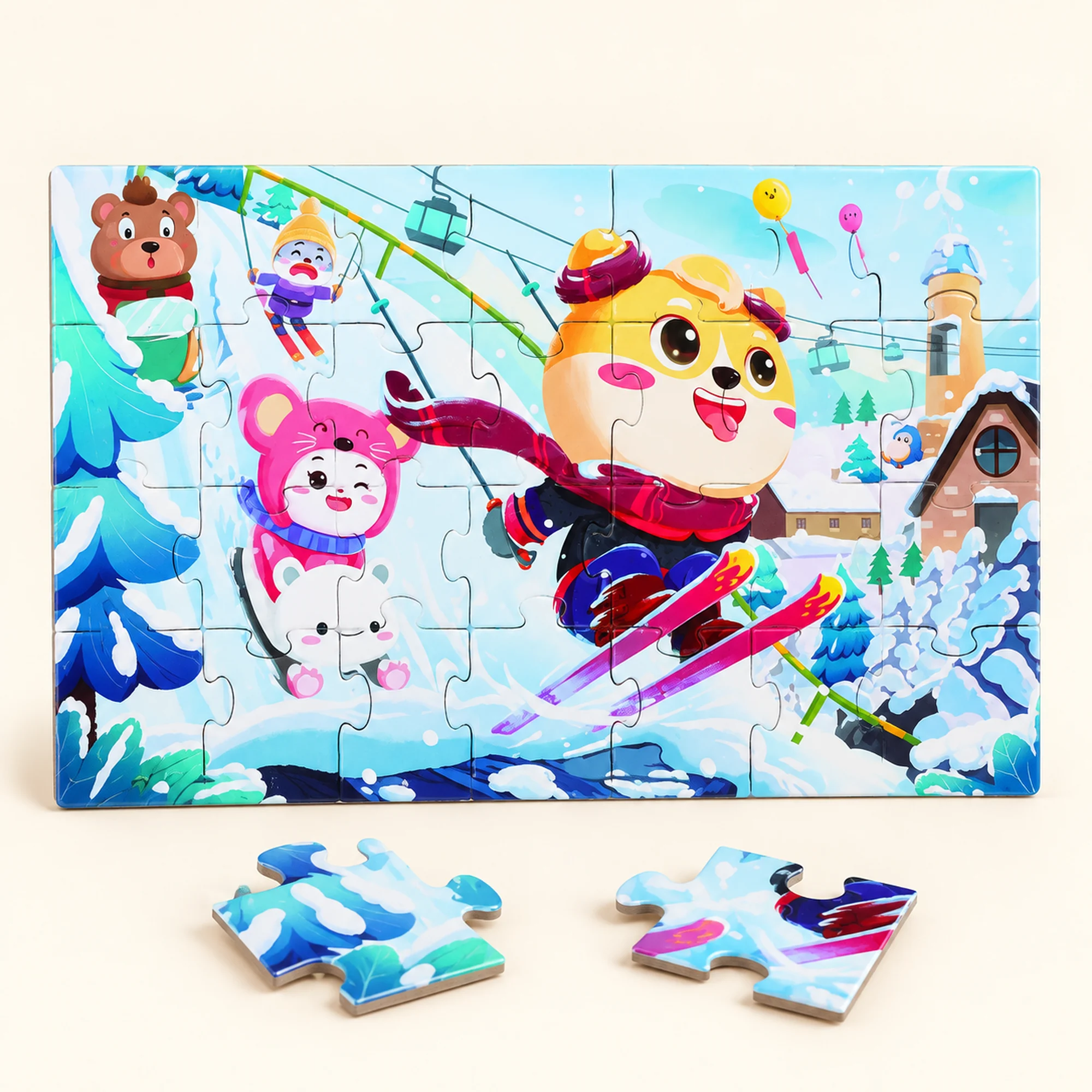 Puzzle Infantil de 28 Piezas con Escena de Esquí, 27 × 15,5 cm