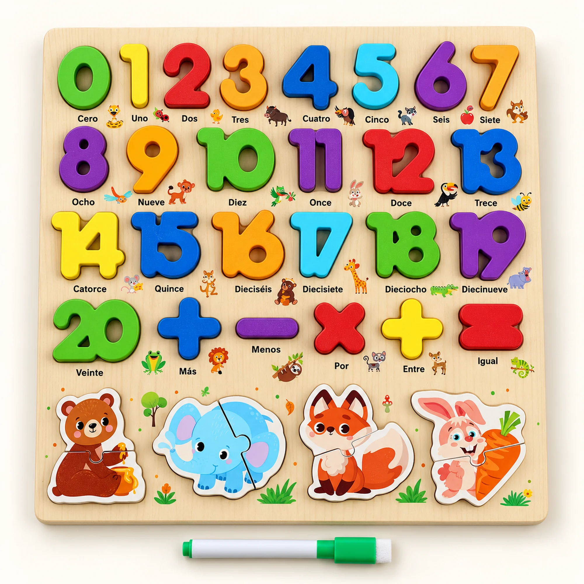 Puzzle de Madera Números y Animales en Español, 29,8 × 29,8 cm
