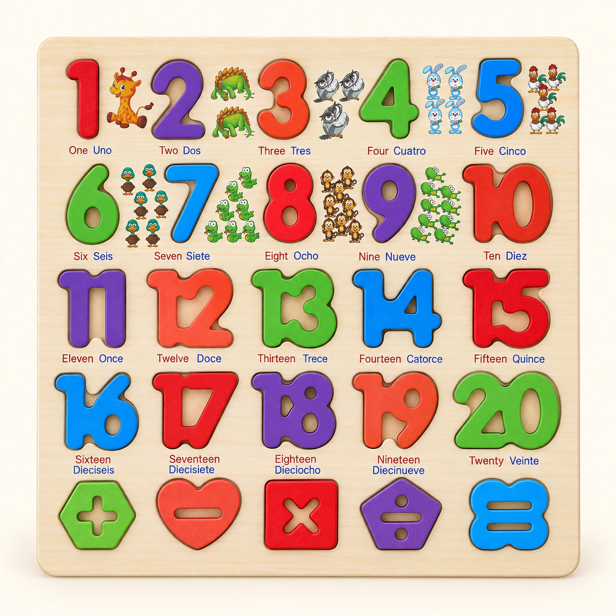 Puzzle de Madera con Números Bilingües del 1 al 20, 30 × 30 cm