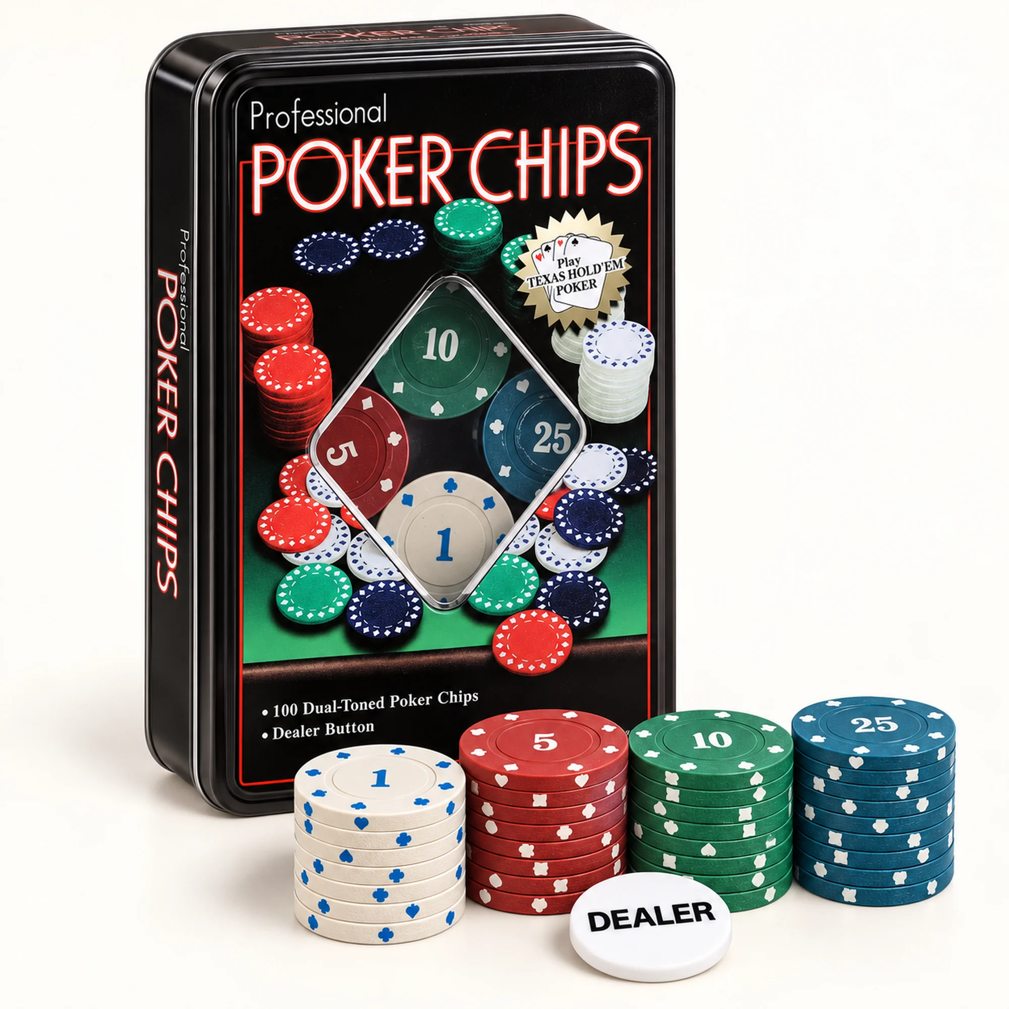 Set de 100 Fichas de Póker Bicolor con Botón Dealer