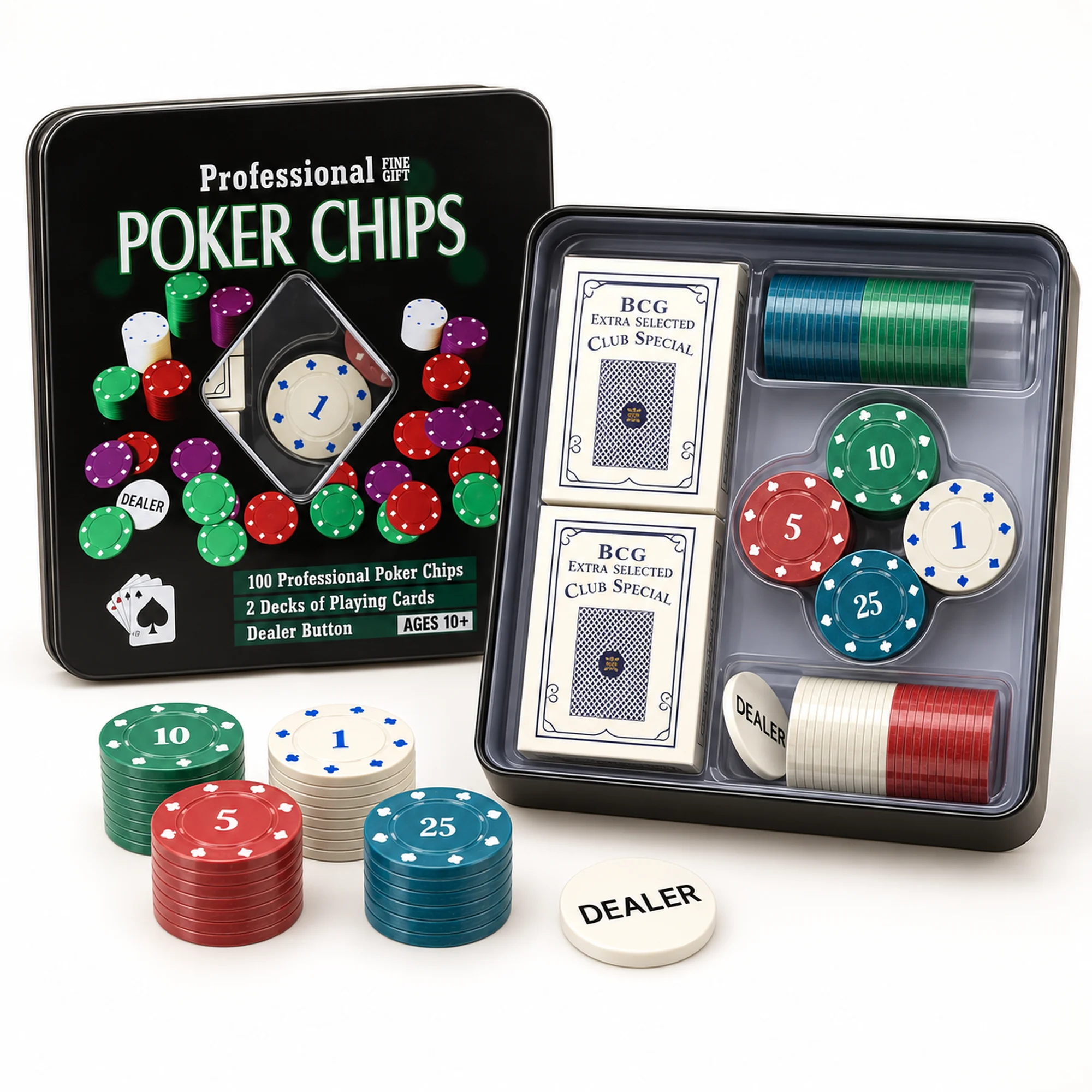 Set de Póker con 100 Fichas, 2 Mazos y Botón Dealer