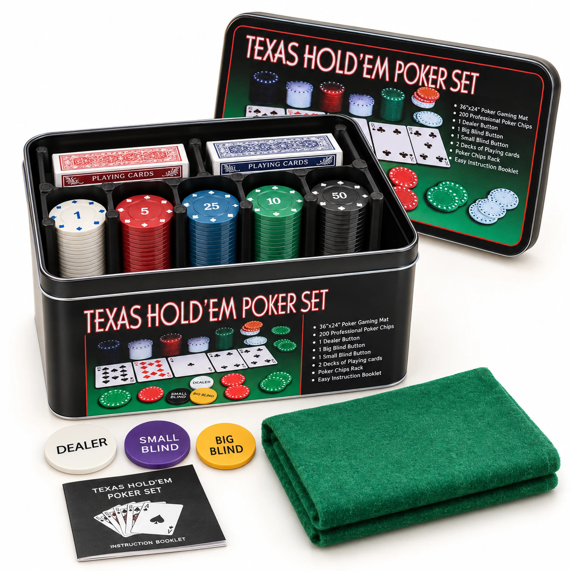 Set de Póker Texas Hold'em con 200 Fichas, 2 Mazos y Tapete
