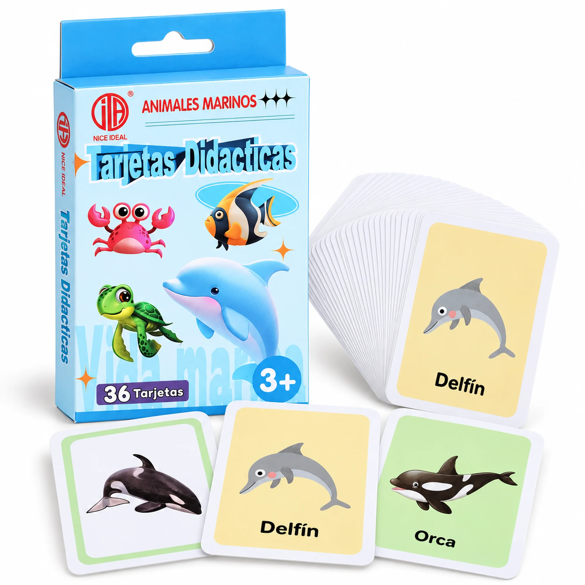 Tarjetas Didácticas de Animales Marinos, 36 Unidades, 7,8 × 11,7 cm