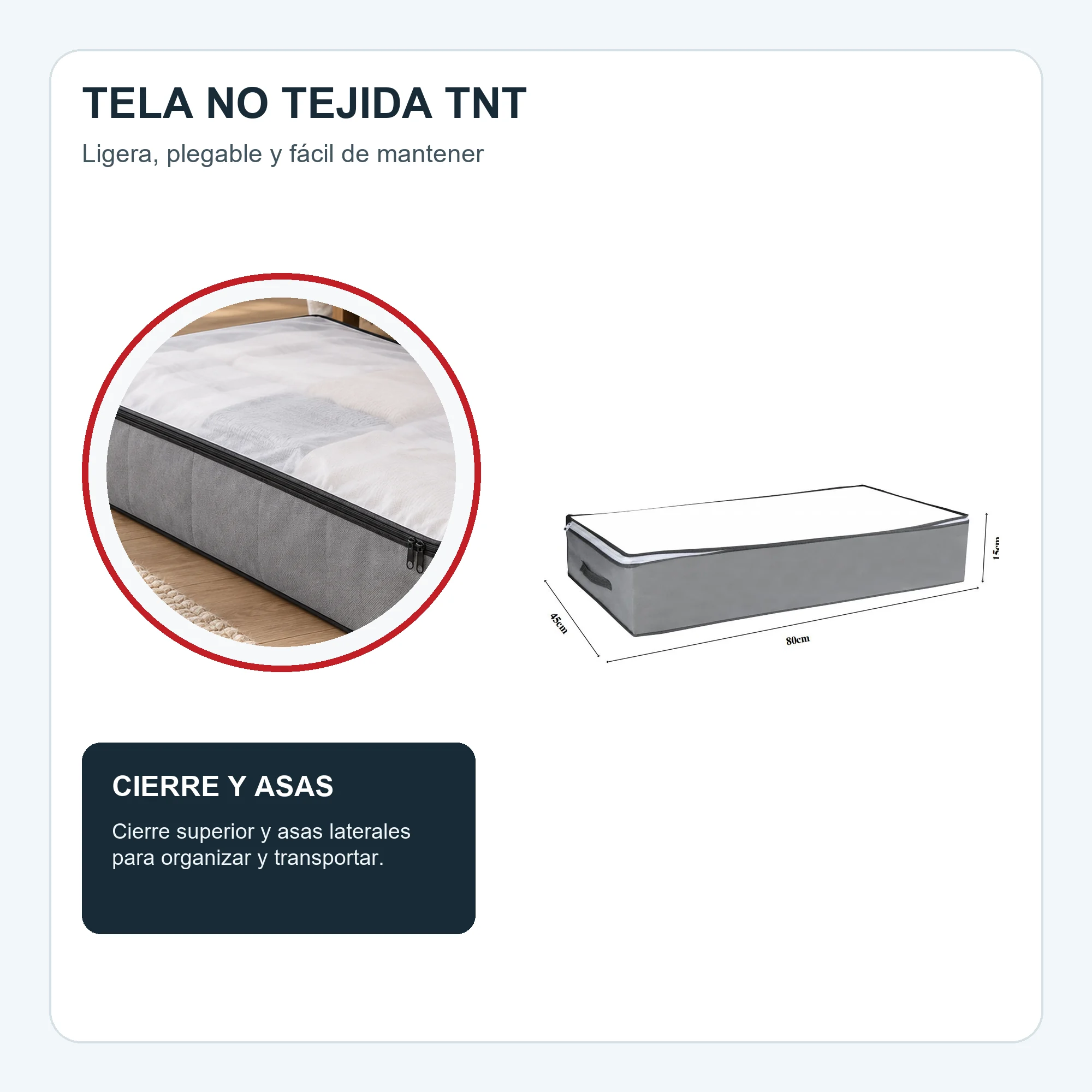 Bolsa Organizadora Gris Bajo Cama, 80 × 45 × 15 cm, 1 Unidad