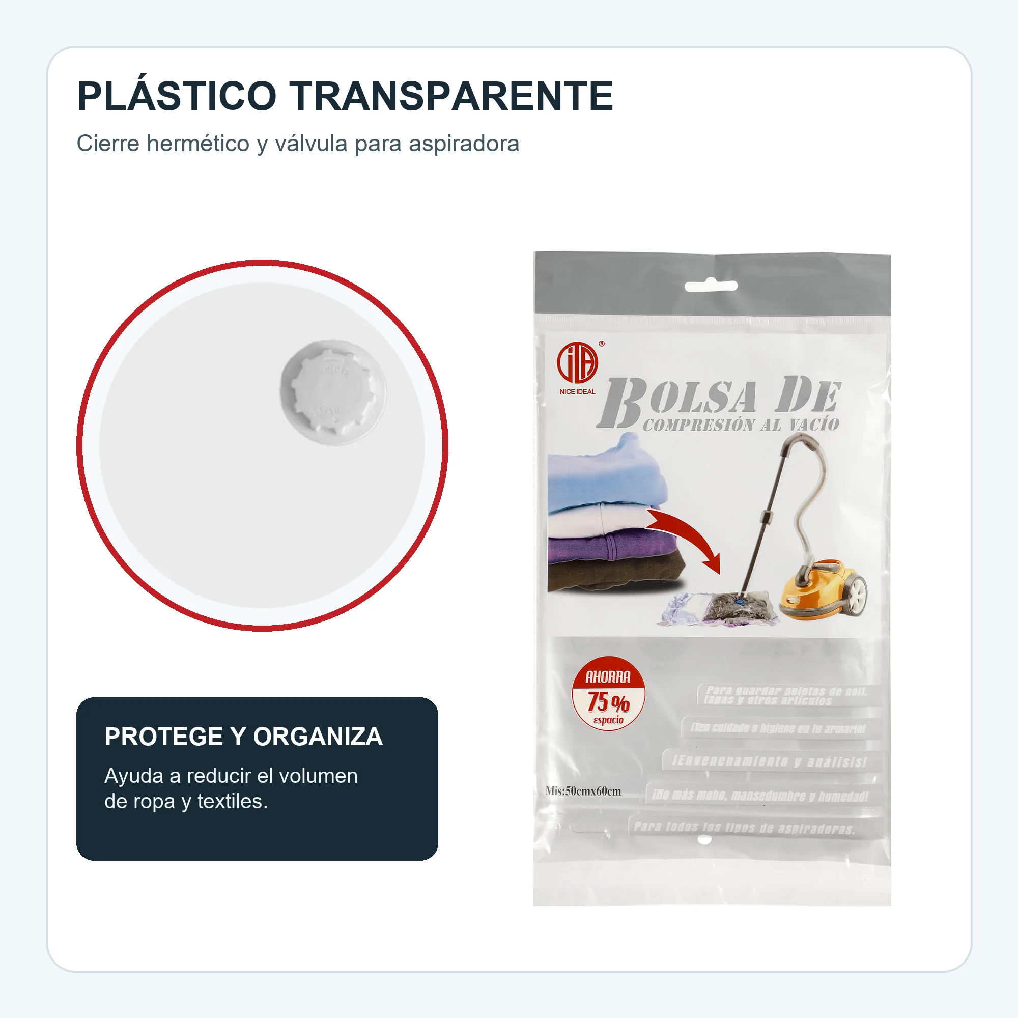 Bolsa de Compresión al Vacío Transparente para Ropa, 50 × 60 cm, 1 Unidad