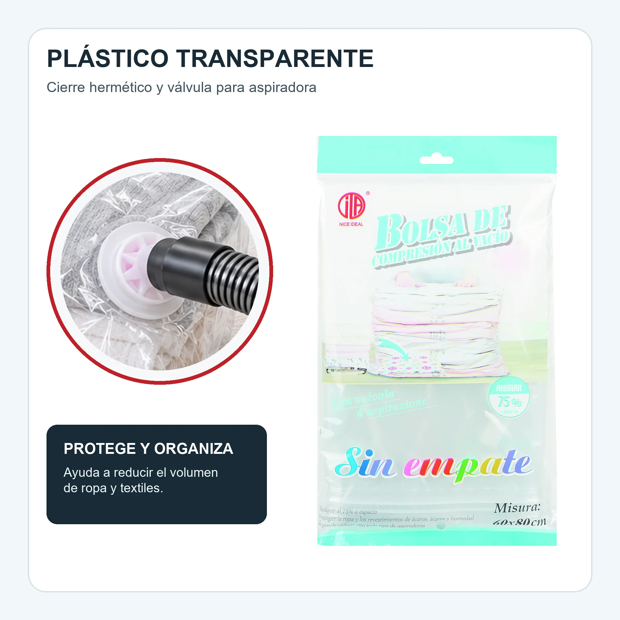 Bolsa de Compresión al Vacío Transparente para Ropa, 60 × 80 cm, 1 Unidad