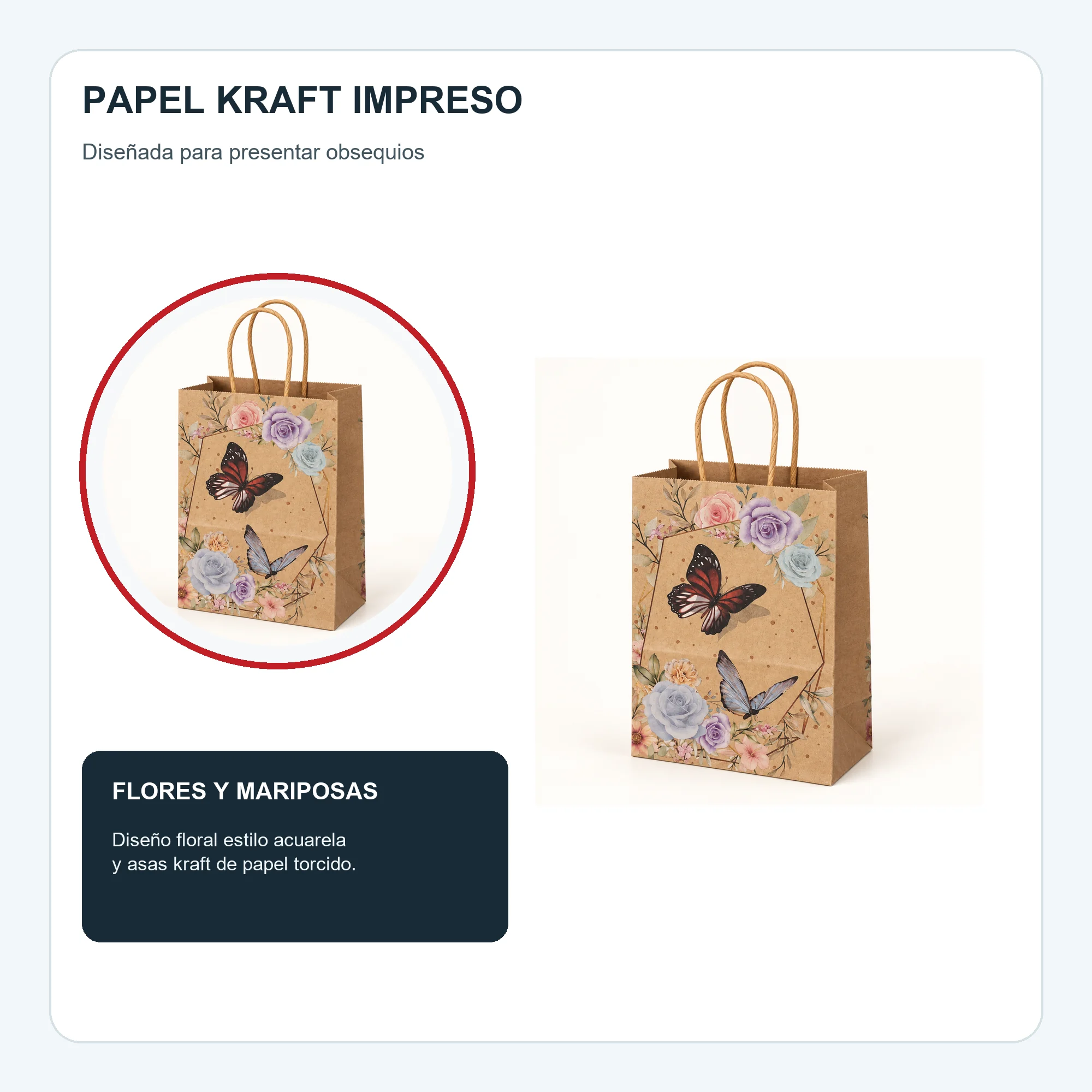 Bolsa de Regalo de Papel Kraft Estampada con Flores Y Mariposas, 15 × 21 × 8 cm, Diseños Surtidos