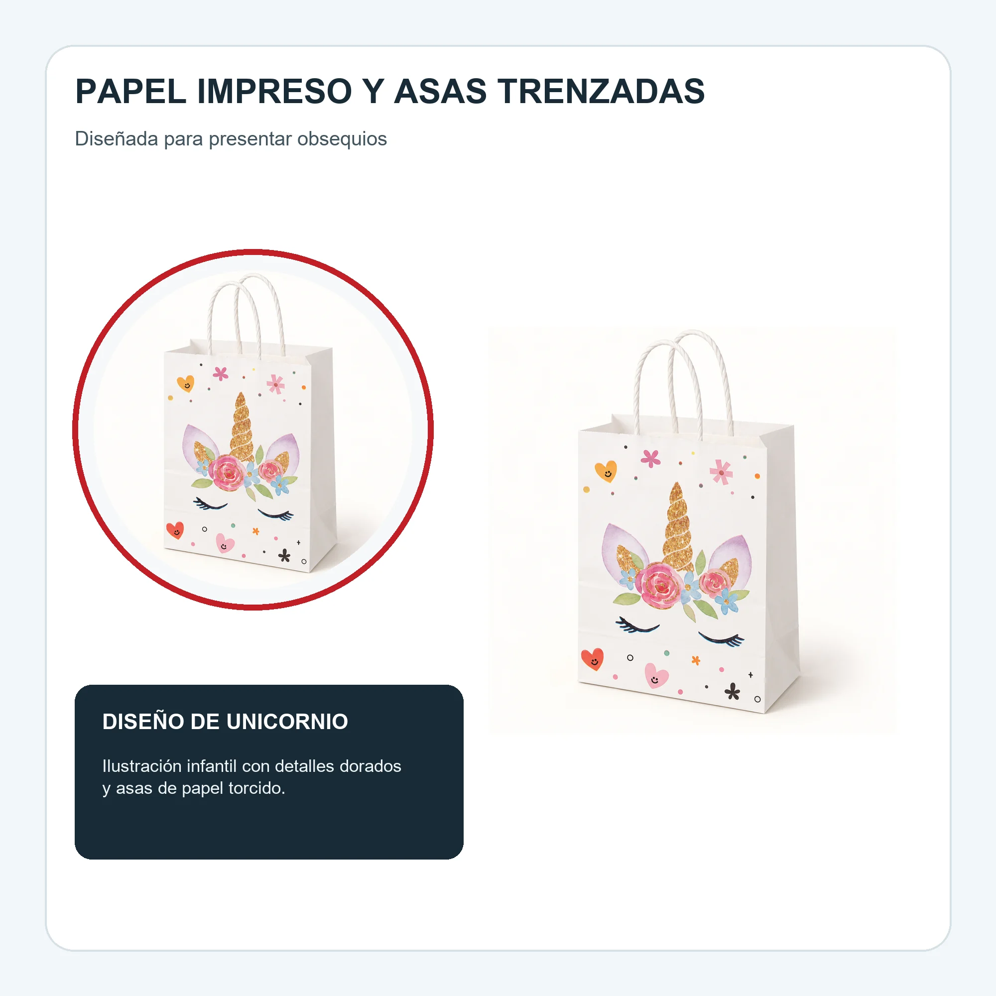 Bolsa de Regalo de Papel con Diseño De Unicornio y Asas Trenzadas, 15 × 21 × 8 cm, Diseños Surtidos