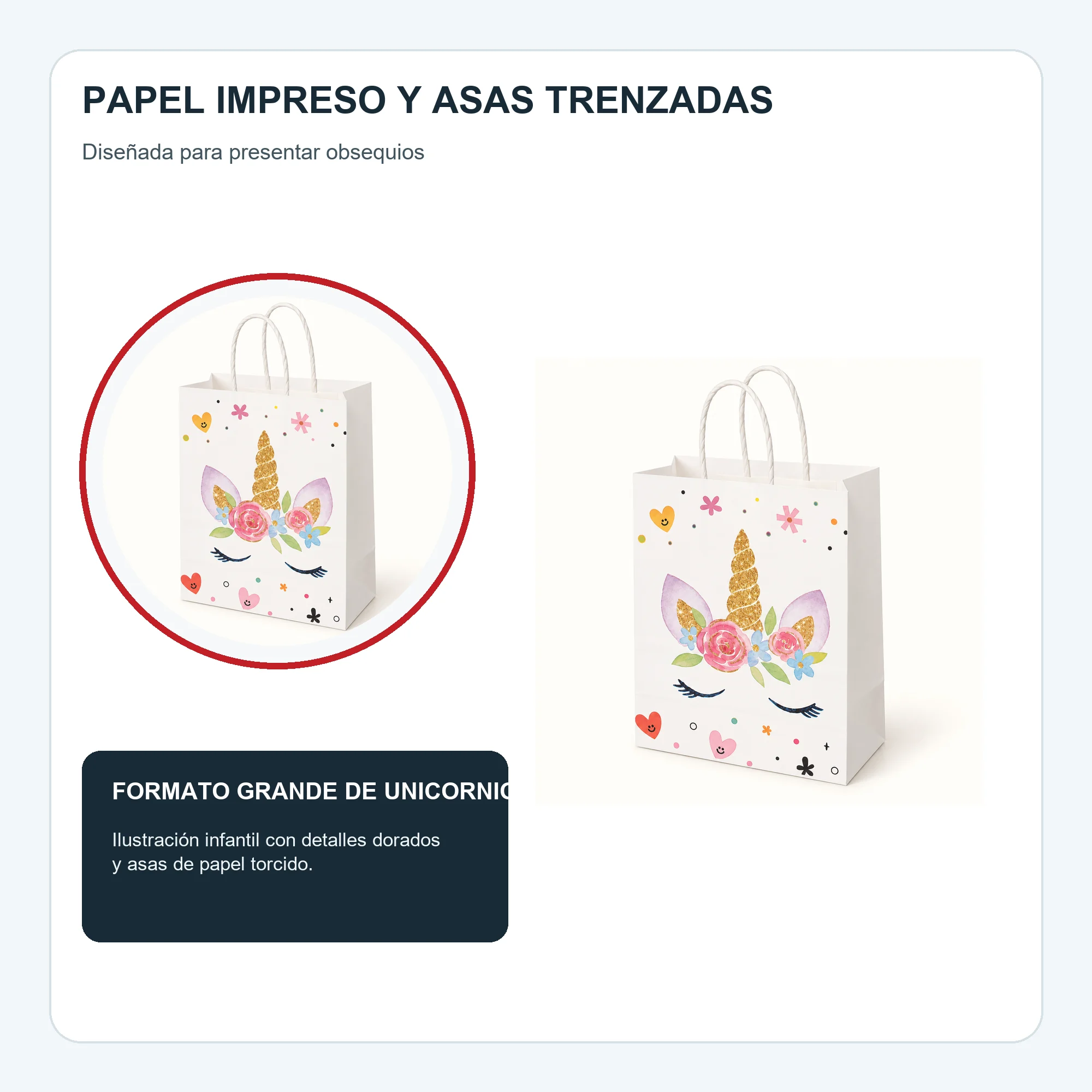 Bolsa de Regalo de Papel con Formato Grande De Unicornio y Asas Trenzadas, 21 × 27 × 11 cm, Diseños Surtidos