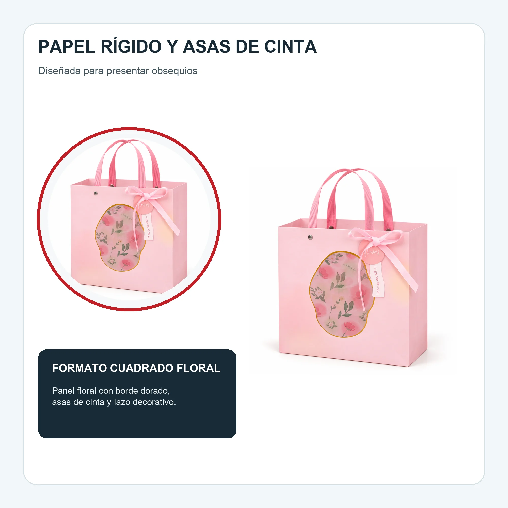Bolsa de Regalo Rígida Floral con Formato Cuadrado Floral, 22 × 22 × 10 cm