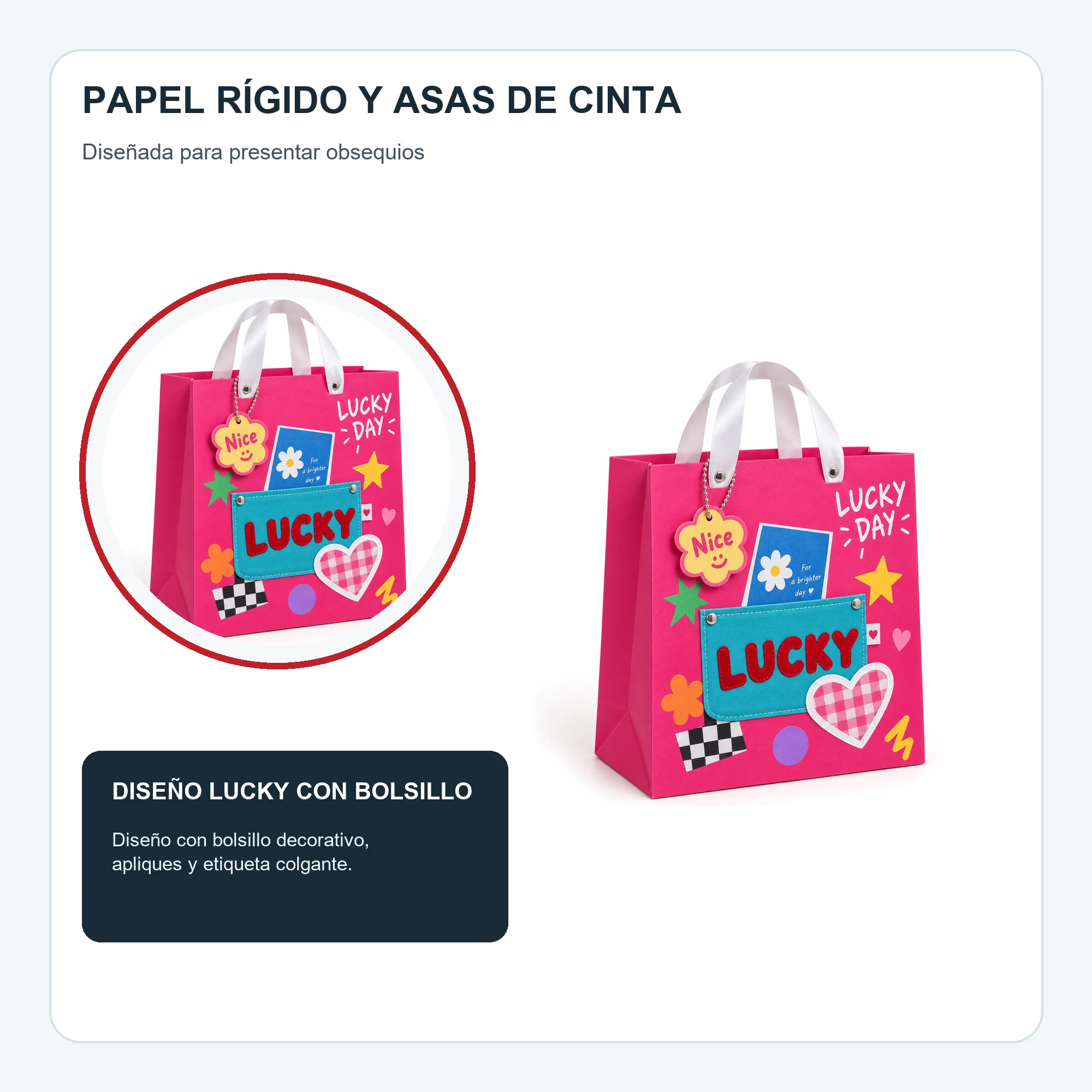 Bolsa de Regalo Rígida Lucky con Diseño Lucky Con Bolsillo, 26 × 32 × 12,5 cm