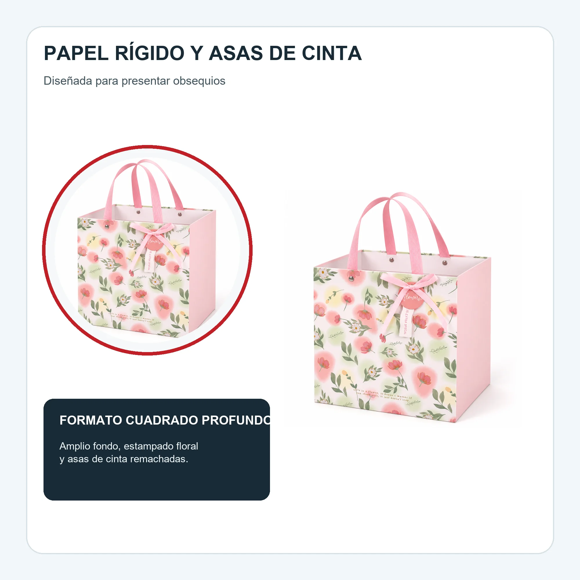 Bolsa de Regalo Rígida Floral con Formato Cuadrado Profundo, 26 × 26 × 25 cm