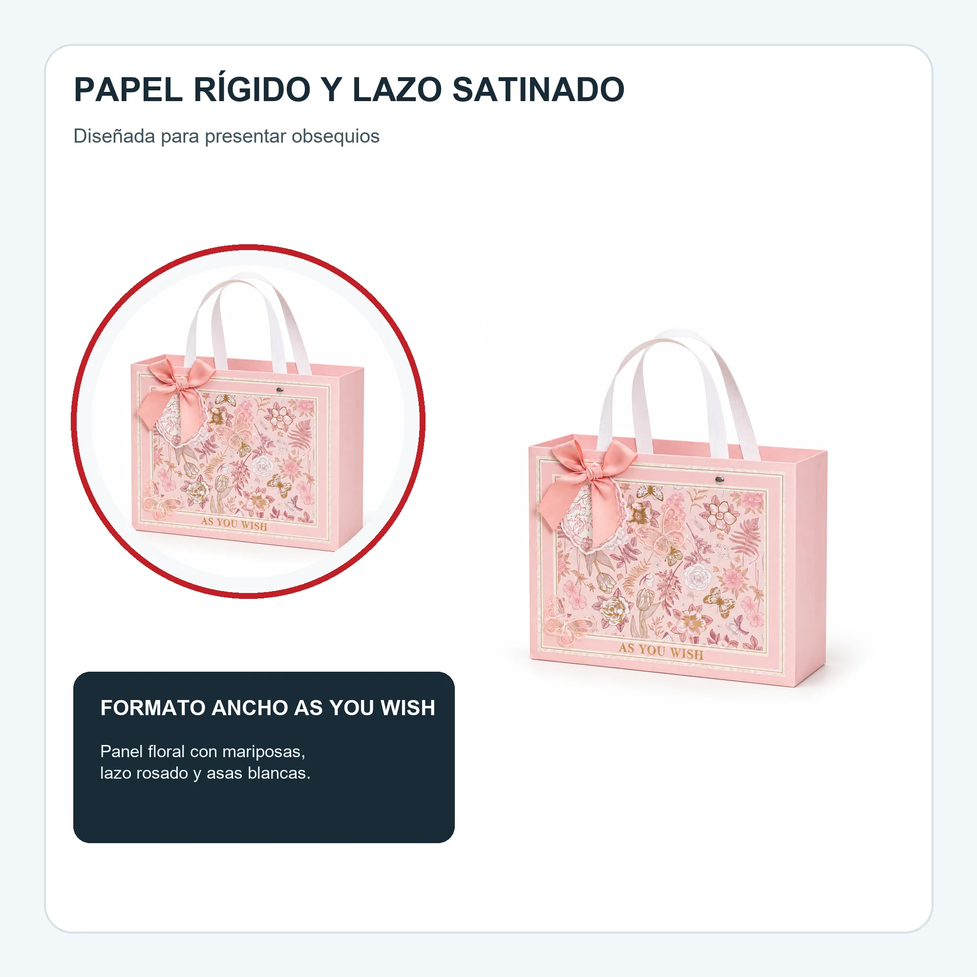 Bolsa de Regalo Rosada Floral Ancha, 24,5 × 19,5 × 9,5 cm