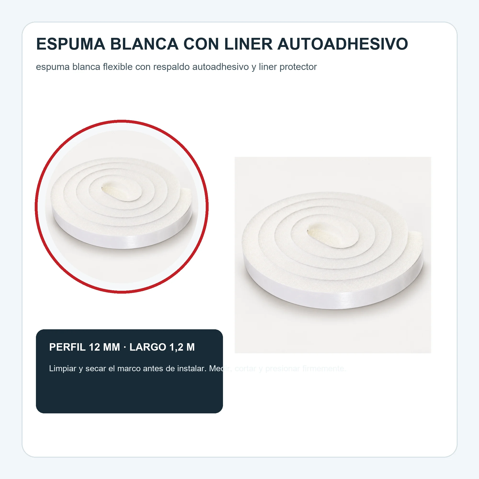 Burlete Autoadhesivo de Espuma Blanco, 12 mm × 1,2 m