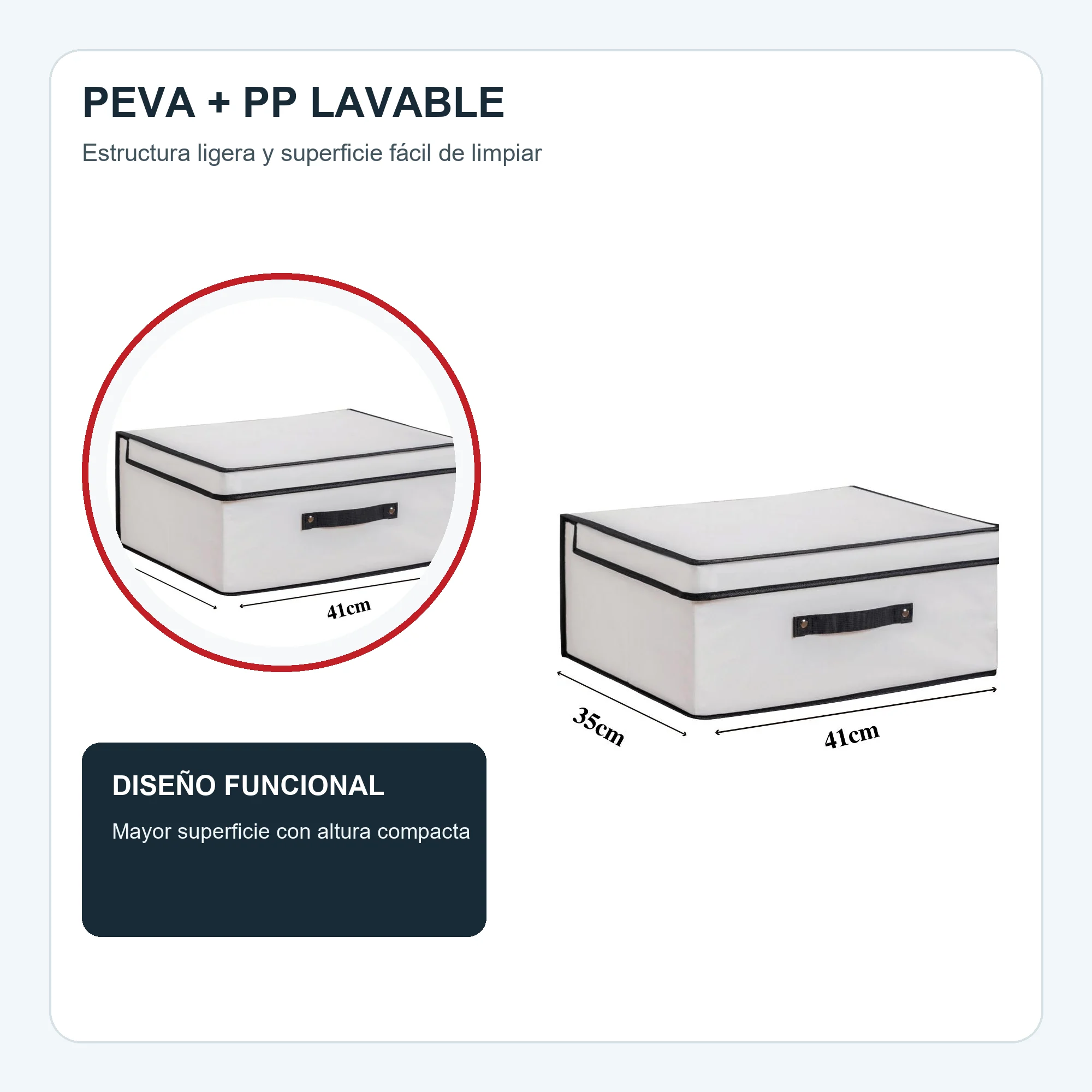 Caja organizadora grande de perfil bajo de PEVA y PP, 41 × 35 × 20 cm, 1 Unidad