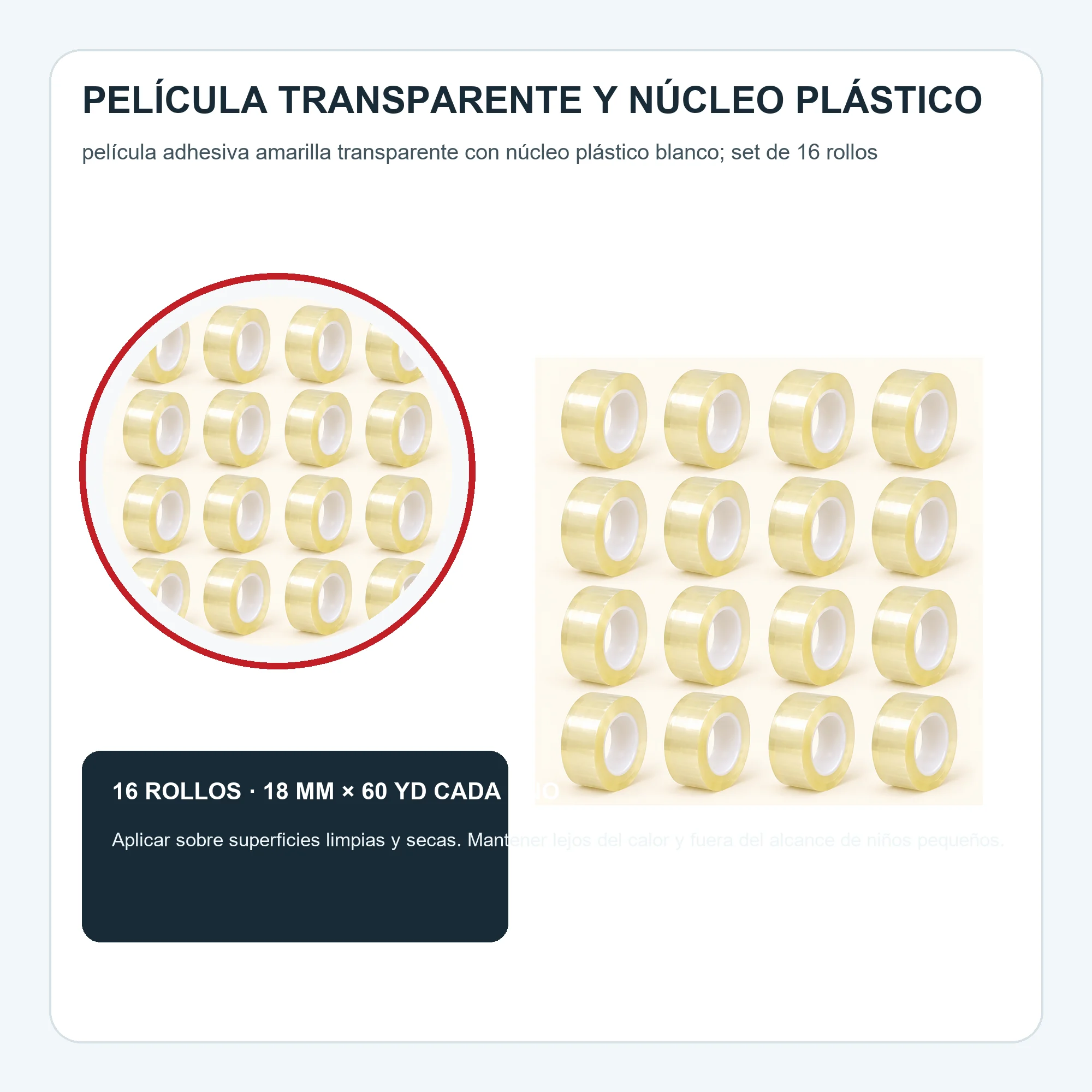Cinta Adhesiva Amarilla Transparente, 16 Rollos de 18 mm × 60 yd