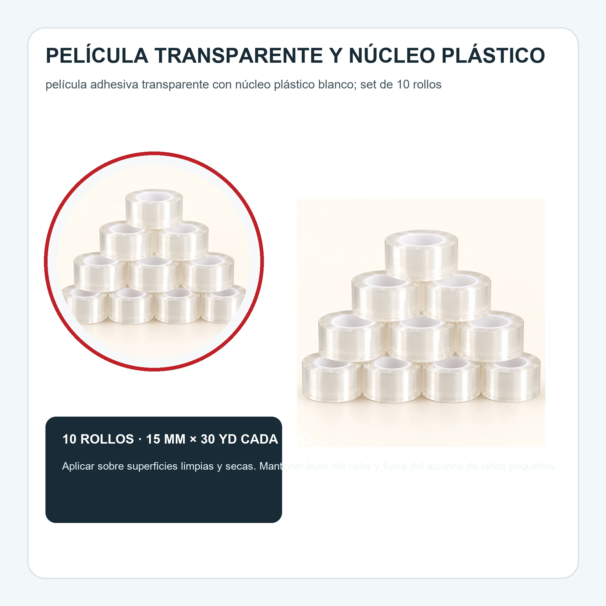 Cinta Adhesiva Transparente, 10 Rollos de 15 mm × 30 yd