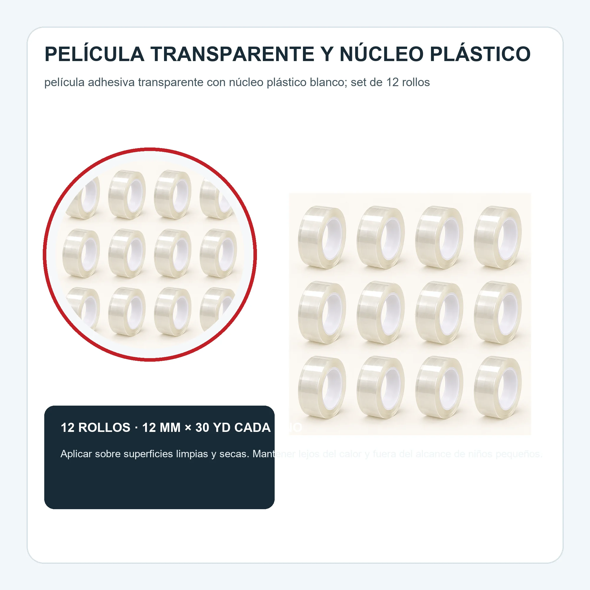 Cinta Adhesiva Transparente, 12 Rollos de 12 mm × 30 yd