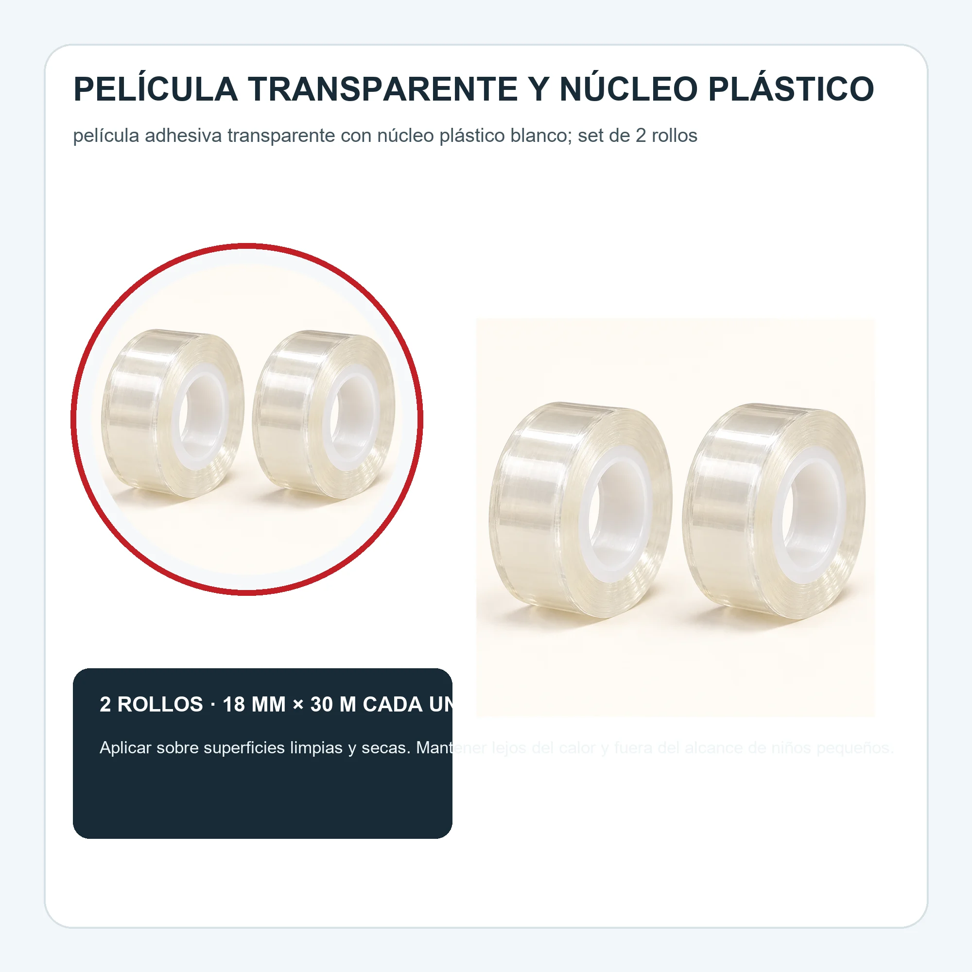 Cinta Adhesiva Transparente, 2 Rollos de 18 mm × 30 m