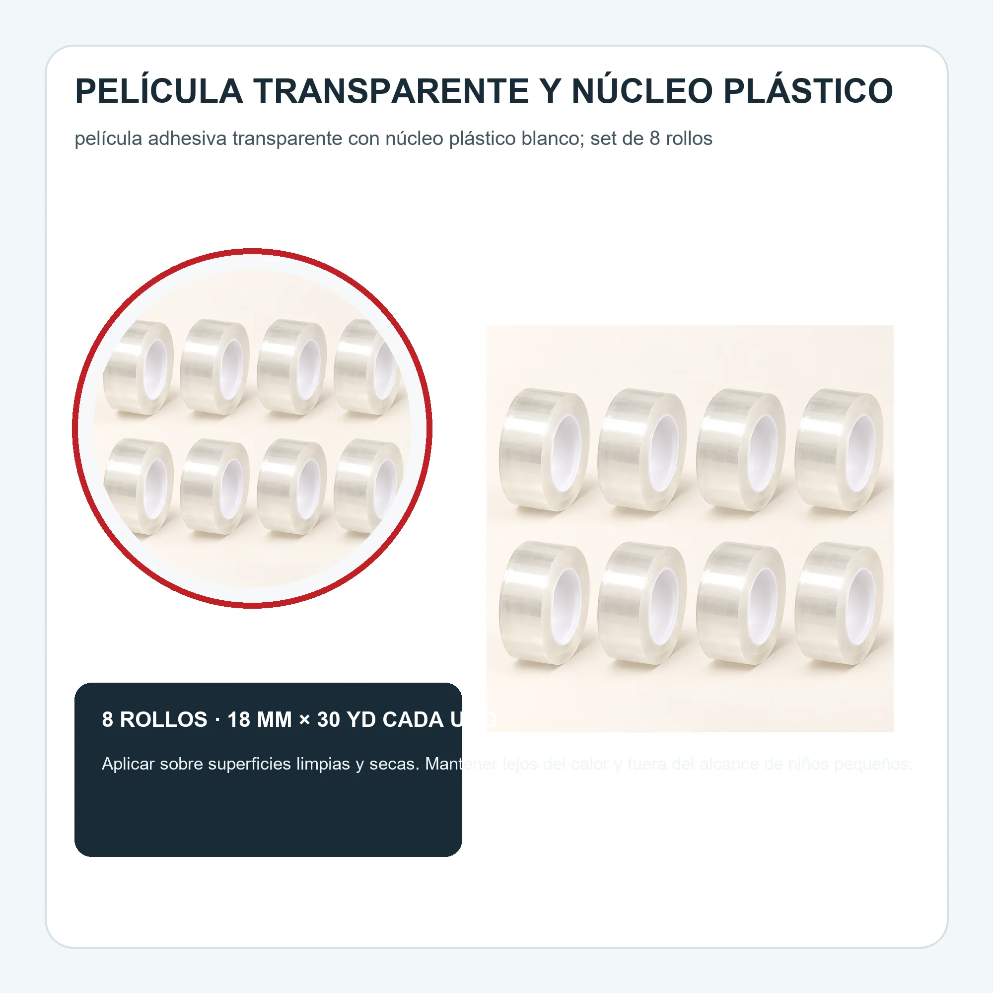 Cinta Adhesiva Transparente, 8 Rollos de 18 mm × 30 yd
