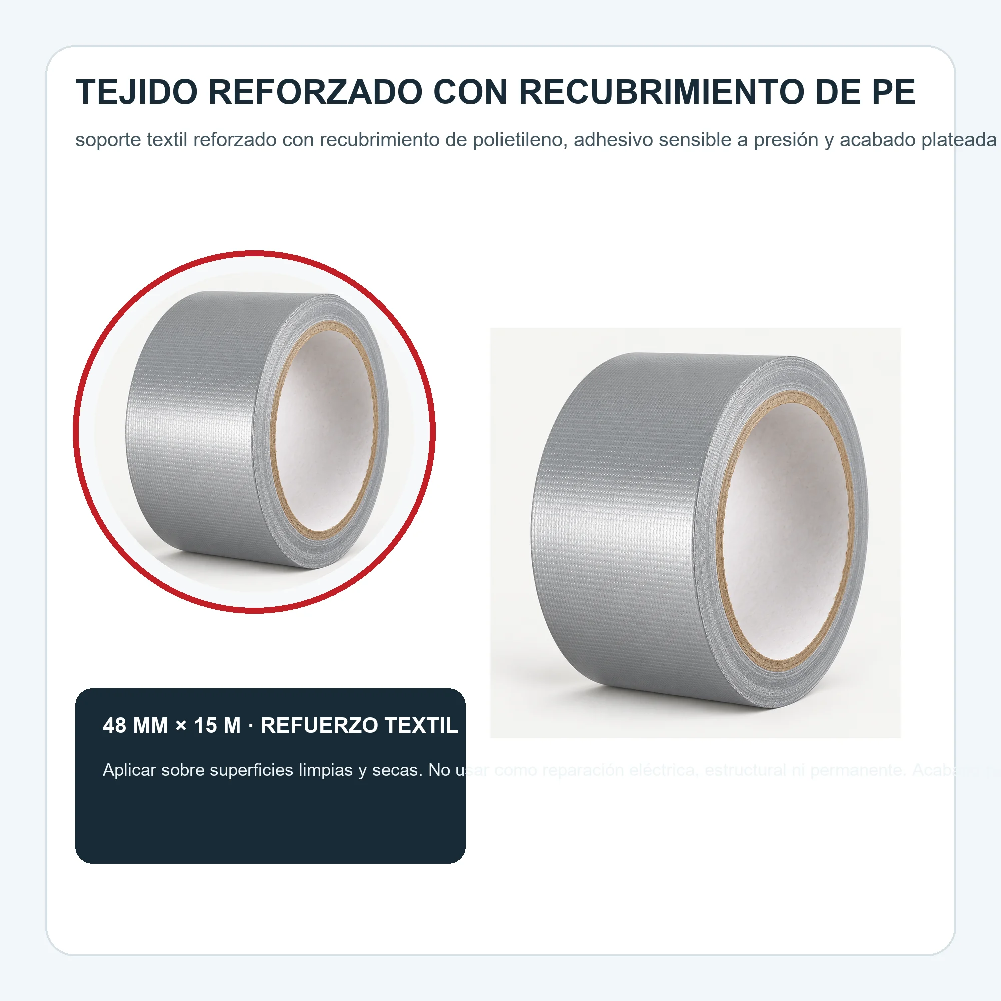 Cinta Americana de Tela Plateada, 48 mm × 15 m