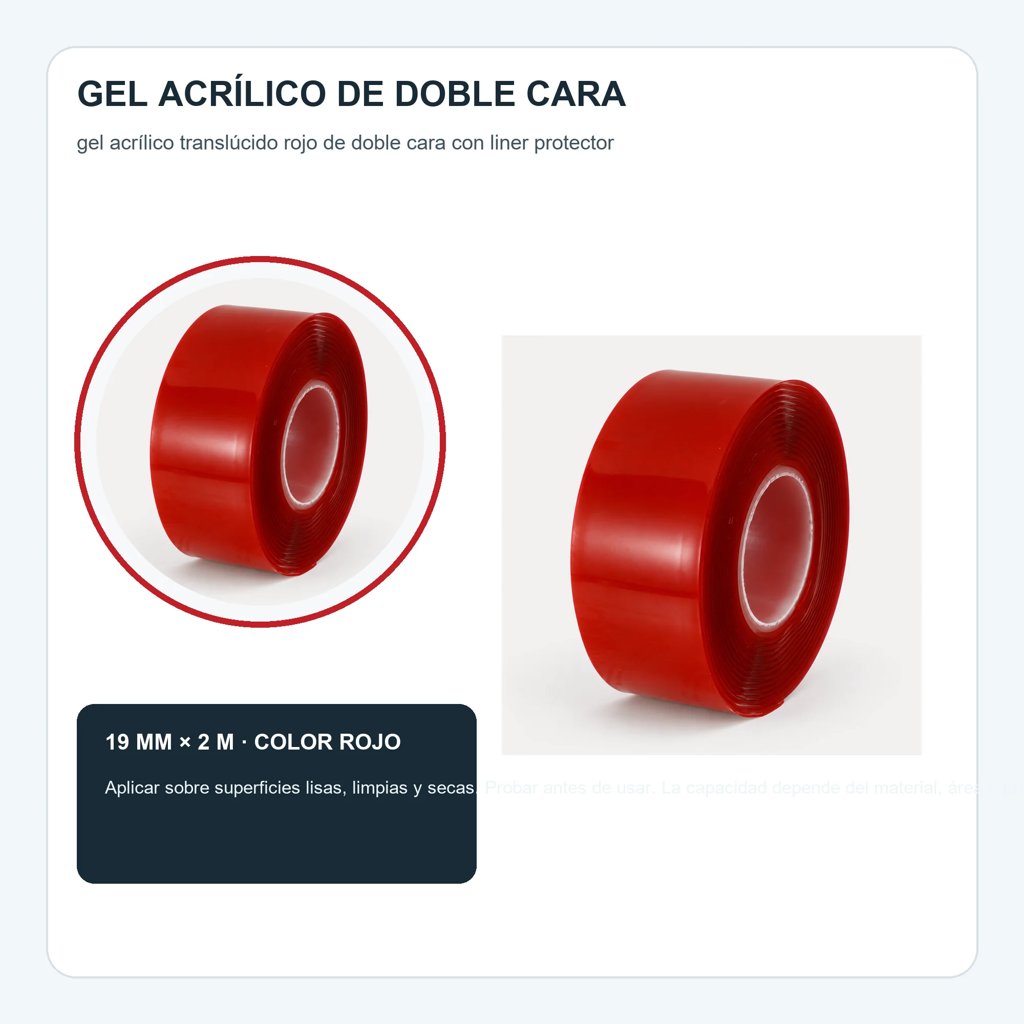 Cinta Doble Contacto de Gel Acrílico Roja, 19 mm × 2 m