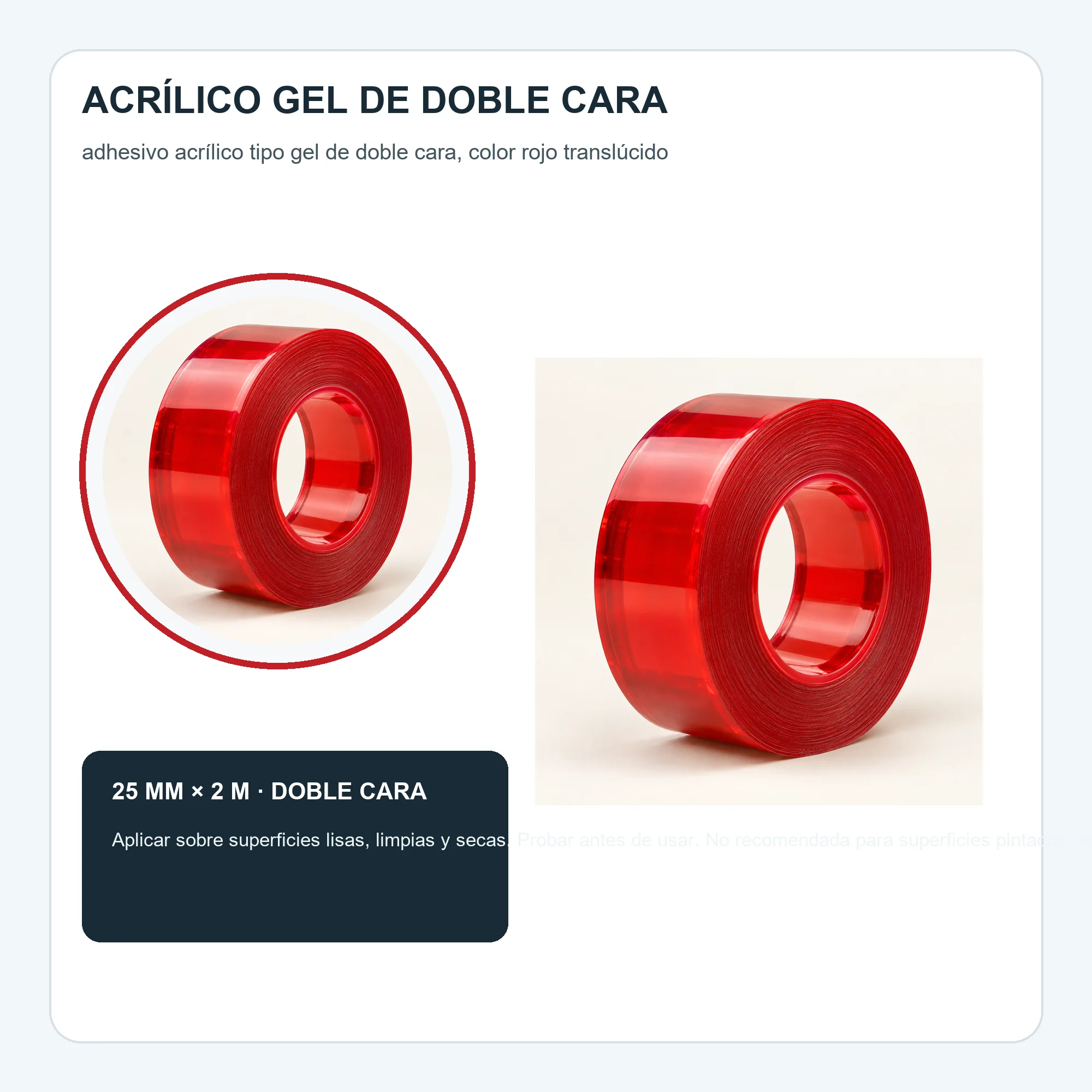 Cinta Doble Contacto de Gel Acrílico Roja, 25 mm × 2 m