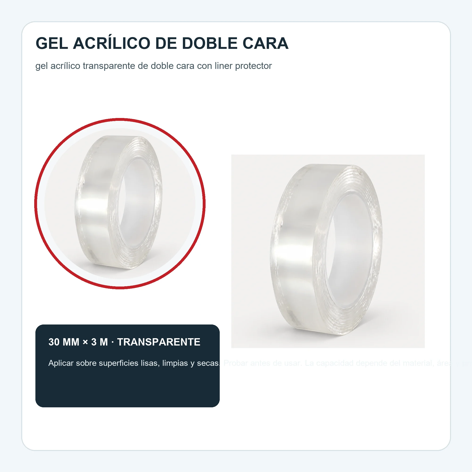 Cinta Doble Contacto de Gel Acrílico Transparente, 30 mm × 3 m