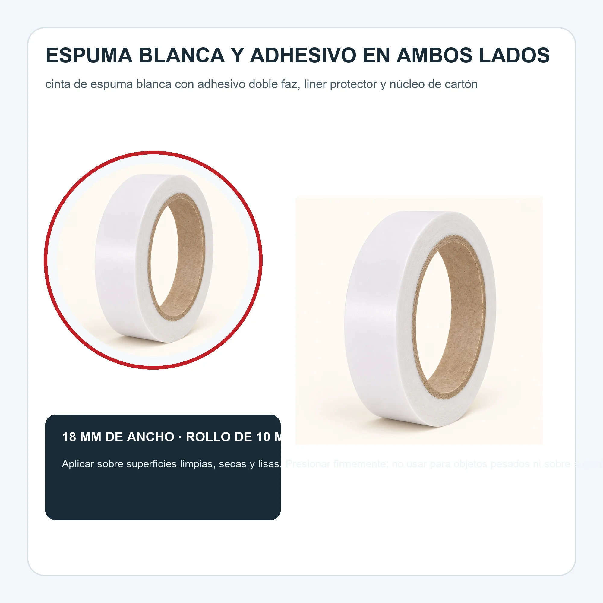 Cinta Doble Faz de Espuma Blanca, 18 mm × 10 m