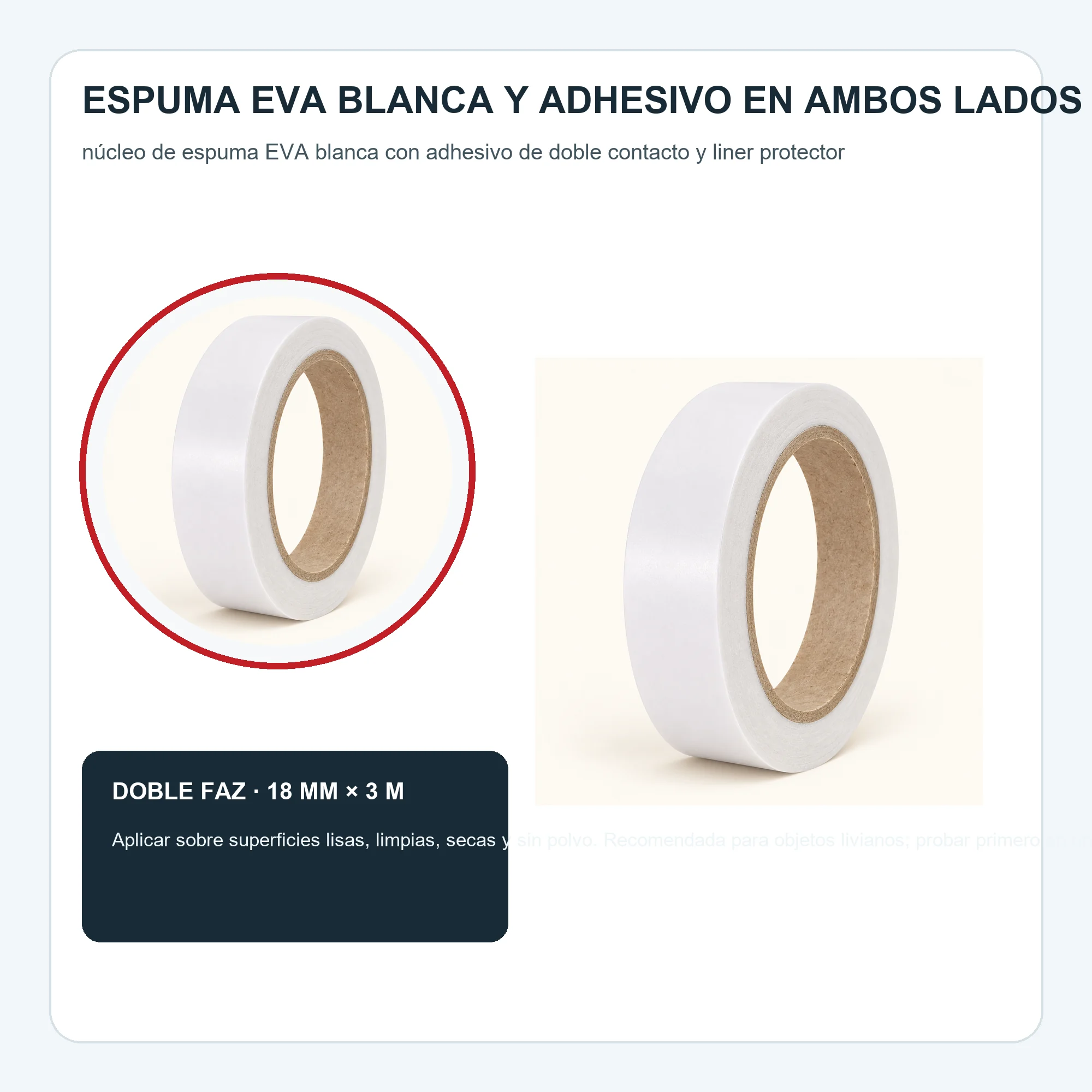 Cinta Doble Faz de Espuma Blanca, 18 mm × 3 m