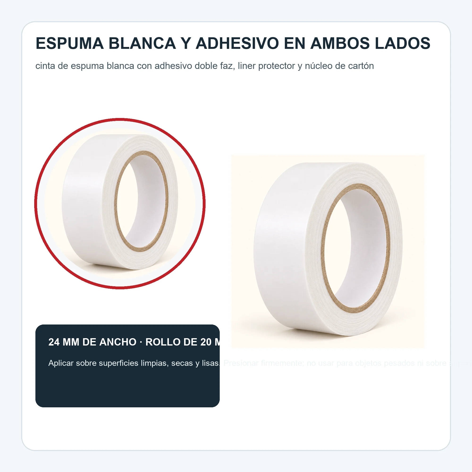 Cinta Doble Faz de Espuma Blanca, 24 mm × 20 m