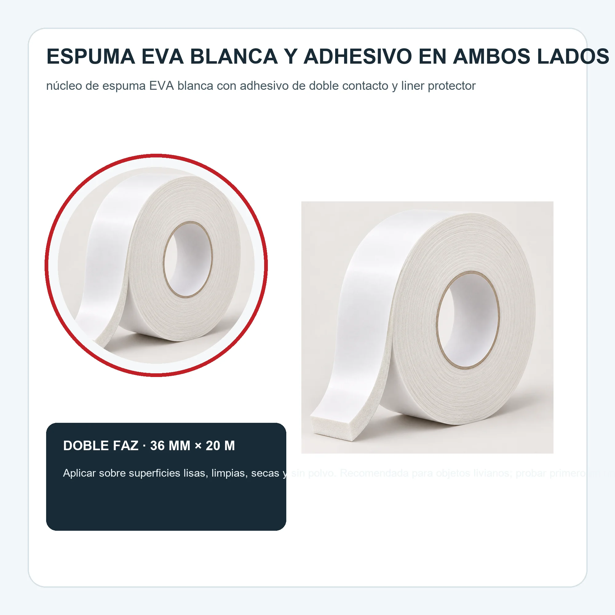 Cinta Doble Faz de Espuma Blanca, 36 mm × 20 m