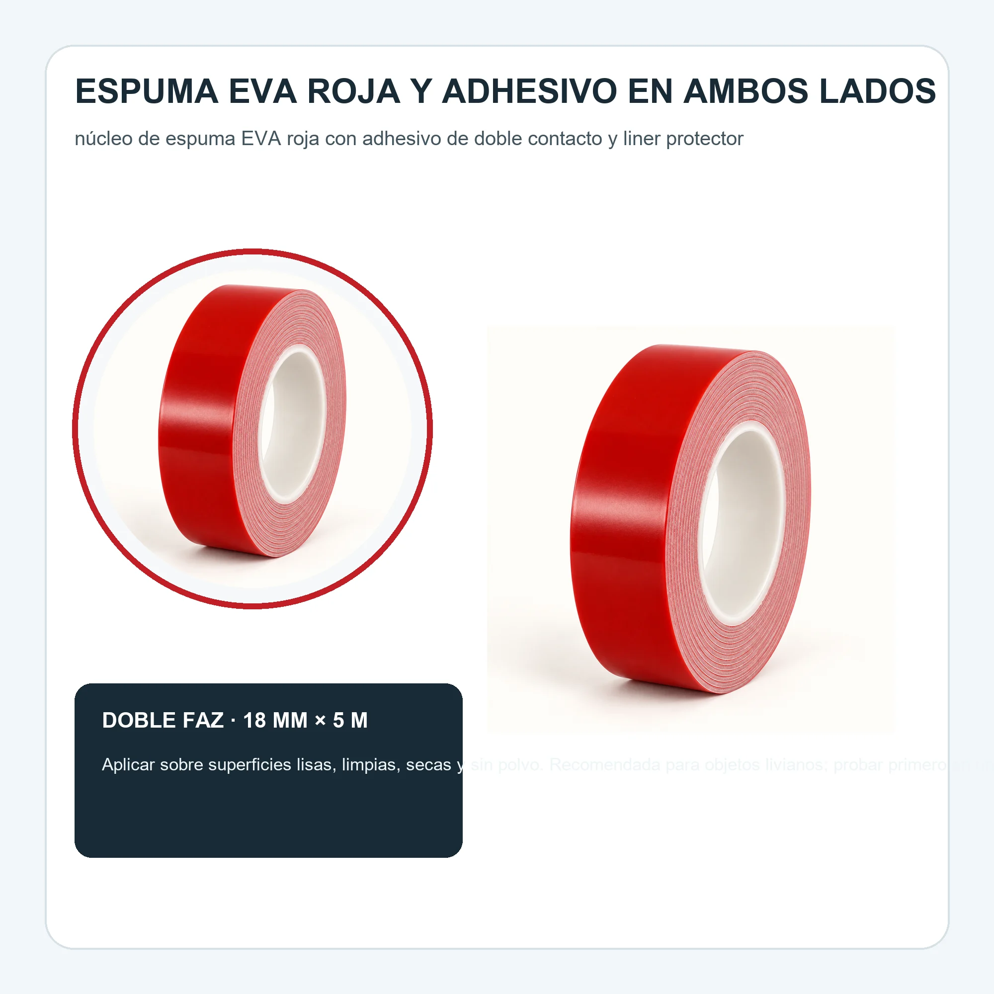 Cinta Doble Faz de Espuma Roja, 18 mm × 5 m