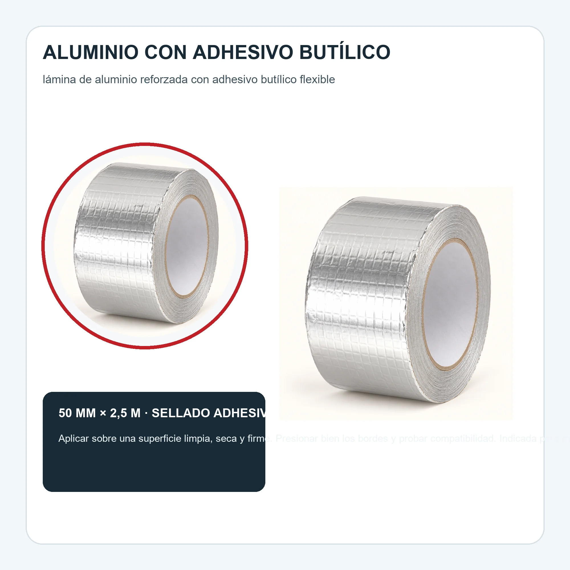 Cinta Impermeable de Aluminio con Butilo, 50 mm × 2,5 m