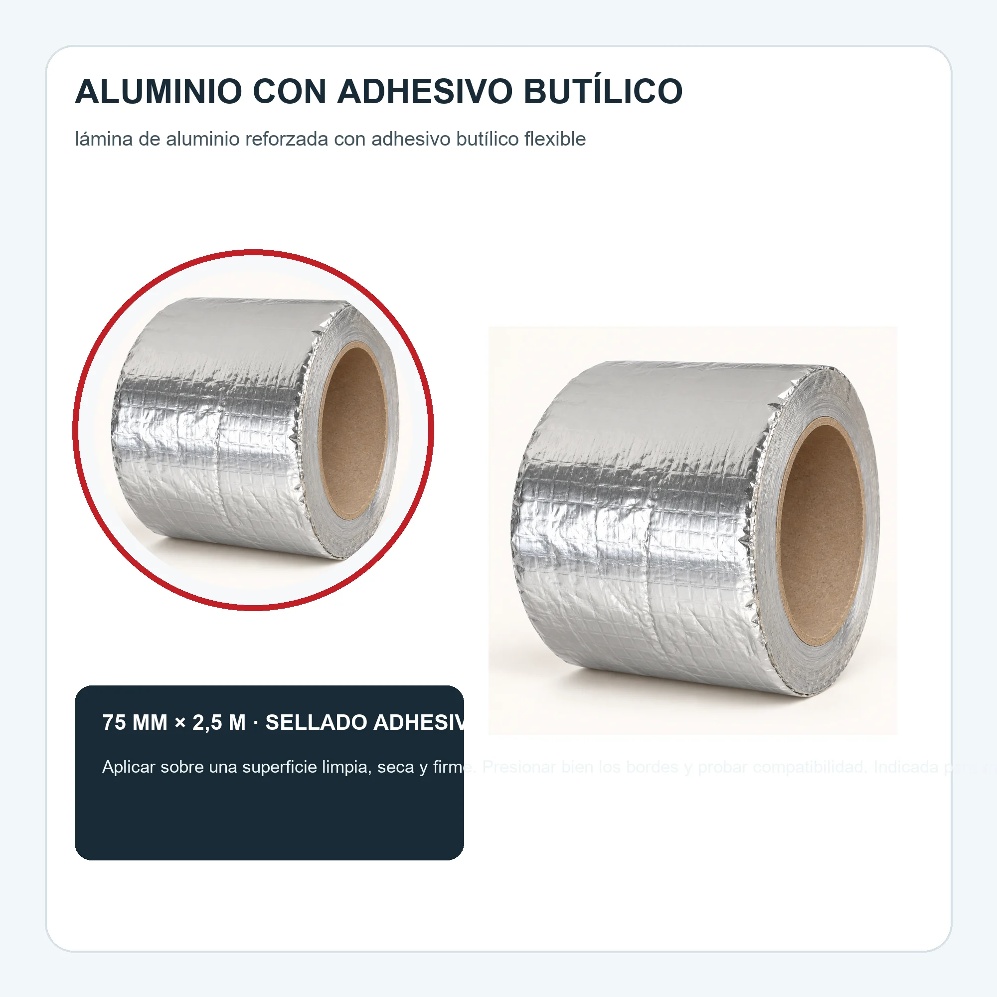 Cinta Impermeable de Aluminio con Butilo, 75 mm × 2,5 m