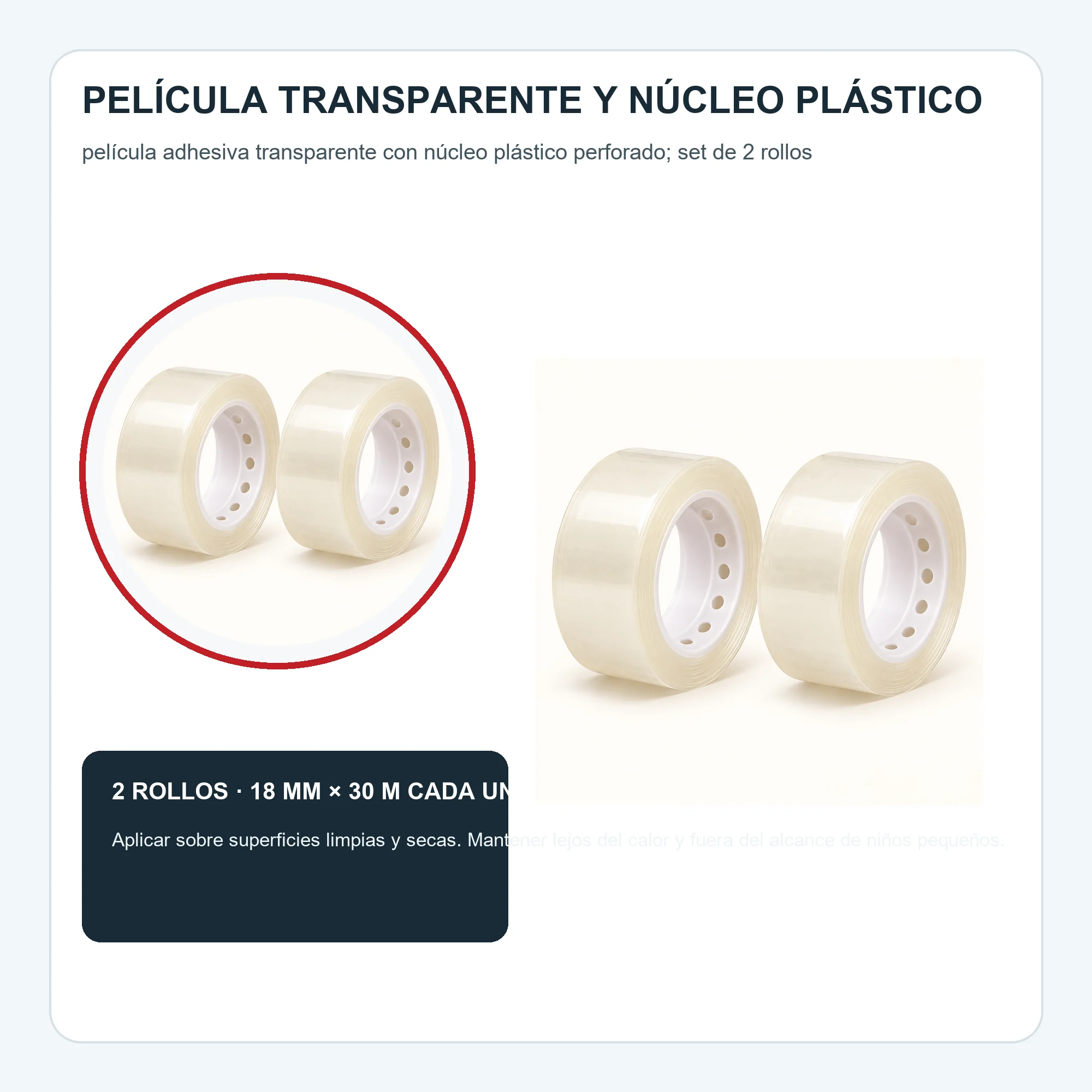 Cinta Adhesiva Transparente, 2 Rollos de 18 mm × 30 m
