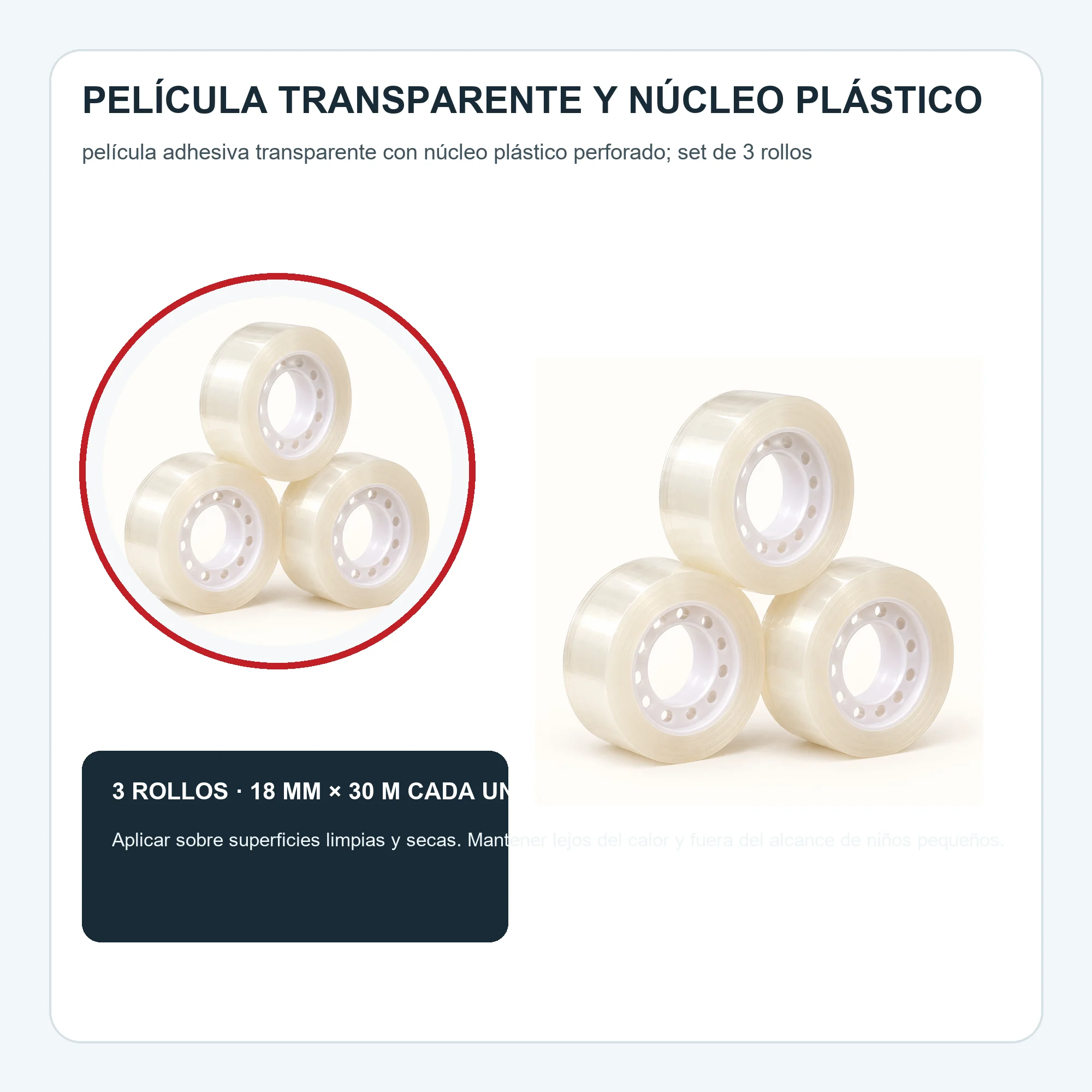 Cinta Adhesiva Transparente, 3 Rollos de 18 mm × 30 m