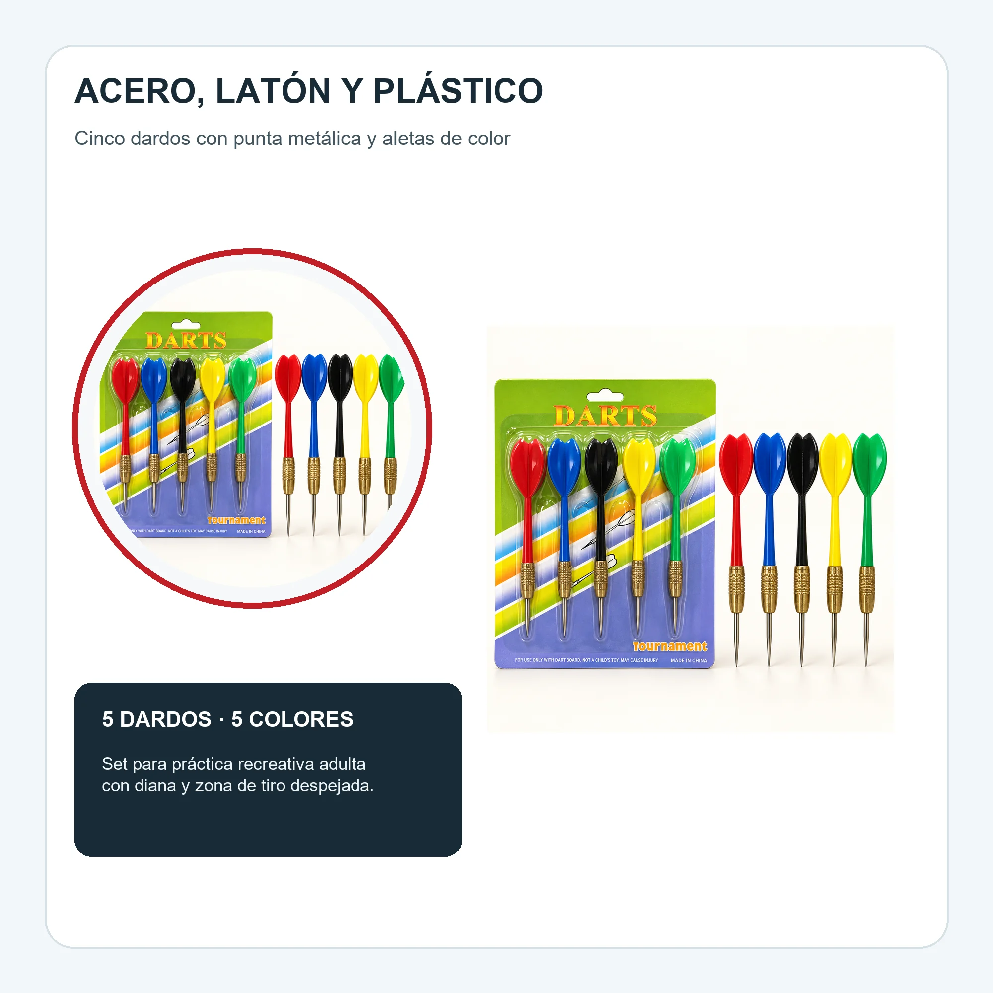 Set de 5 Dardos con Punta Metálica, 5 Colores