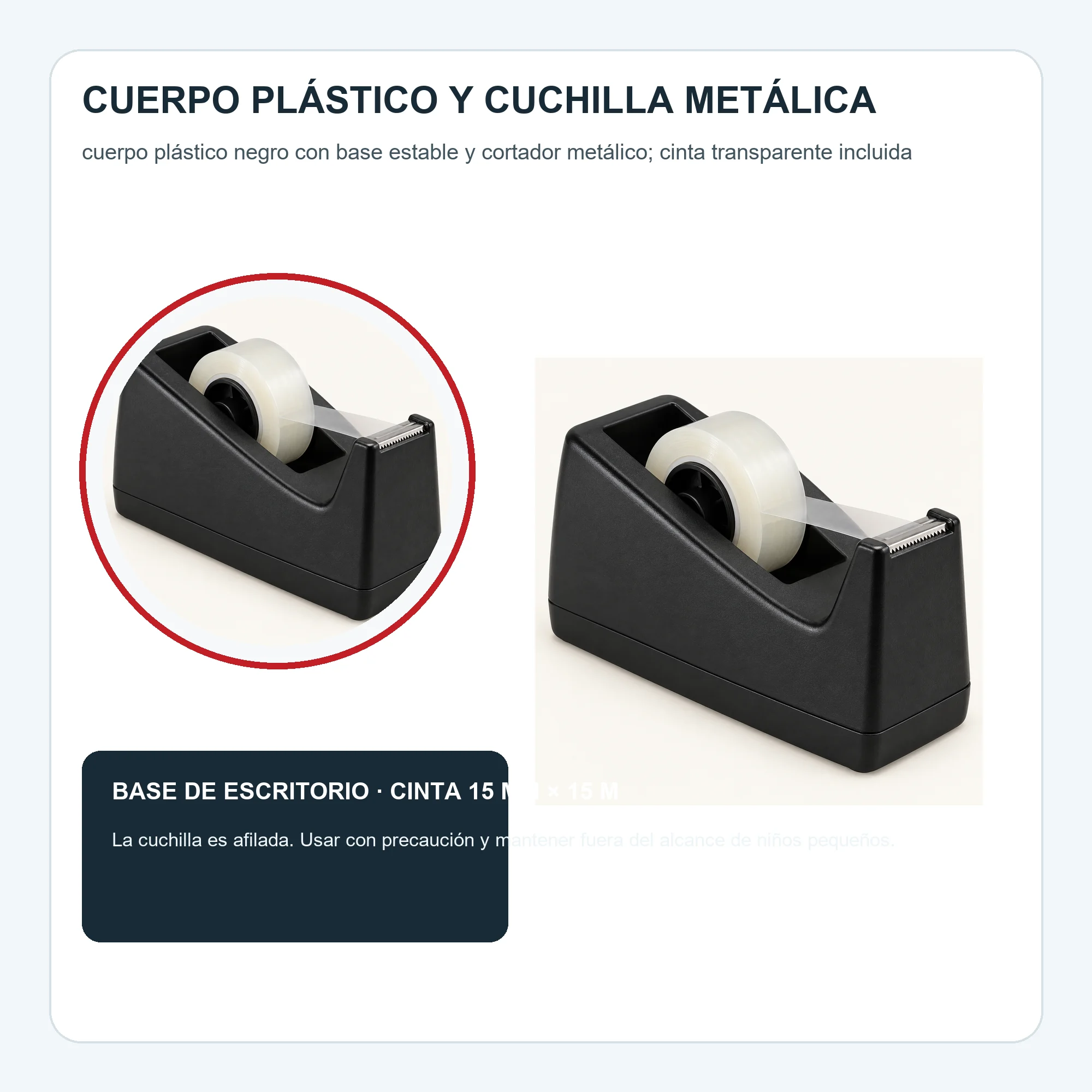 Dispensador de Cinta de Escritorio Negro con Rollo de 15 mm × 15 m