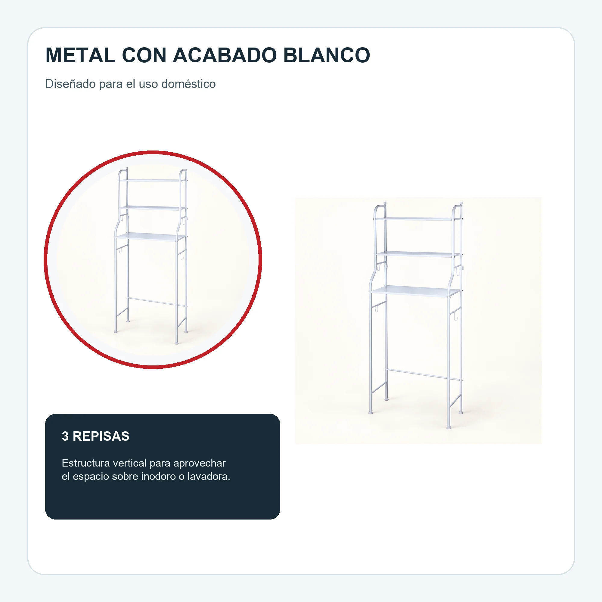 Estante Metálico sobre Inodoro de 3 Niveles, Blanco, 155 × 47 cm