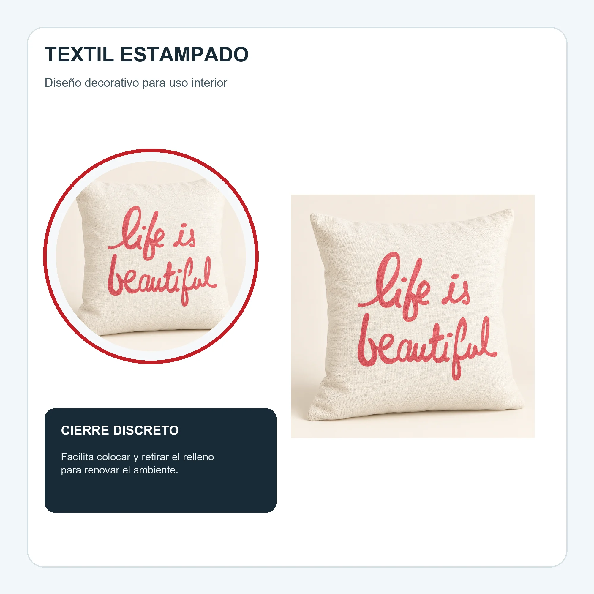 Funda Decorativa para Cojín Marfil Con Frase Life Is Beautiful, 43 × 43 cm