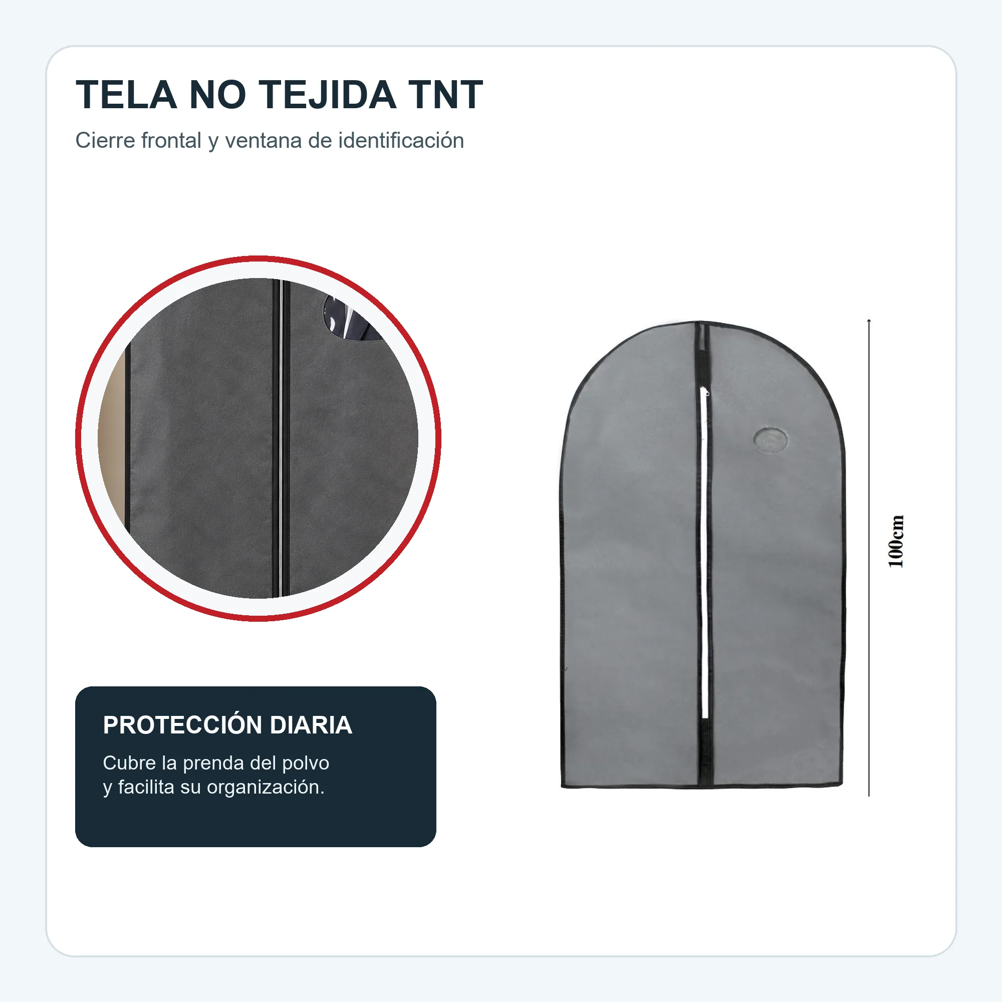 Funda de Traje Gris de Tela No Tejida con Cierre, 60 × 100 cm, 1 Unidad