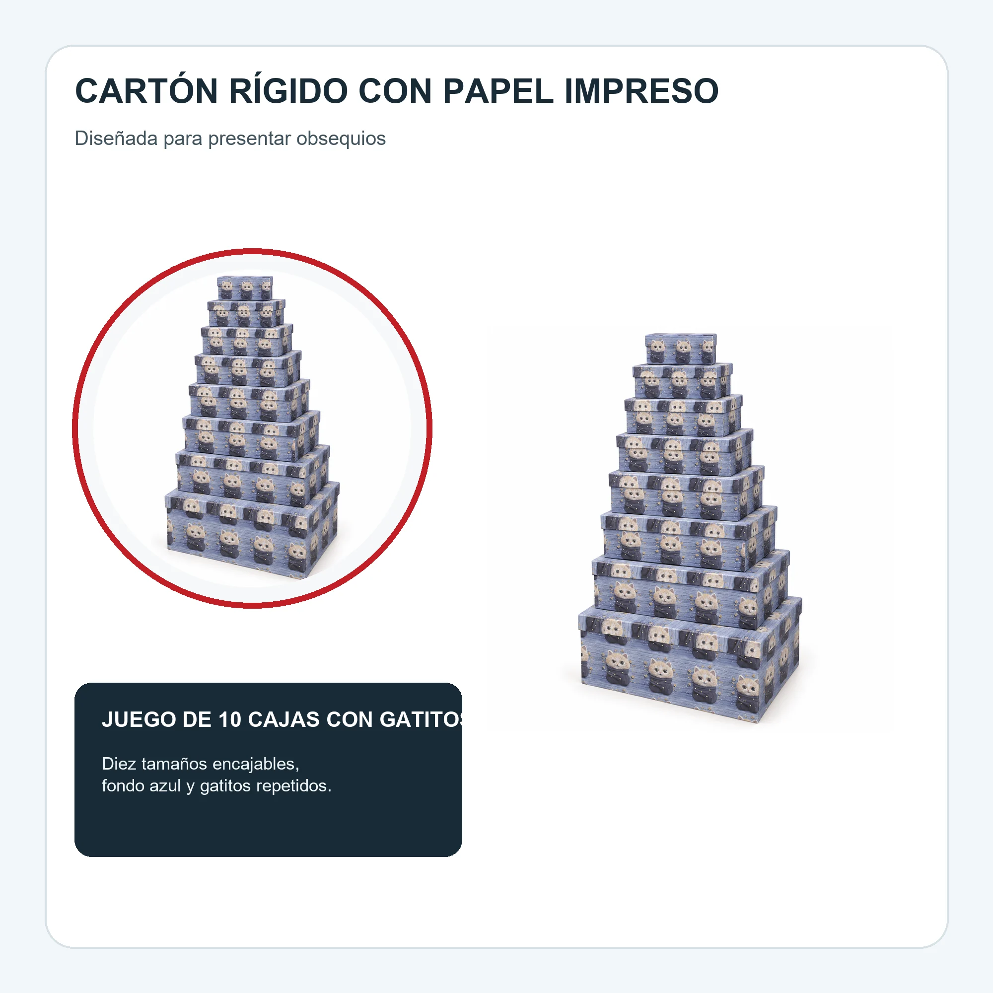 Juego de 10 Cajas de Regalo Juego Rectangular Azul Con Gatitos, Tamaños Surtidos