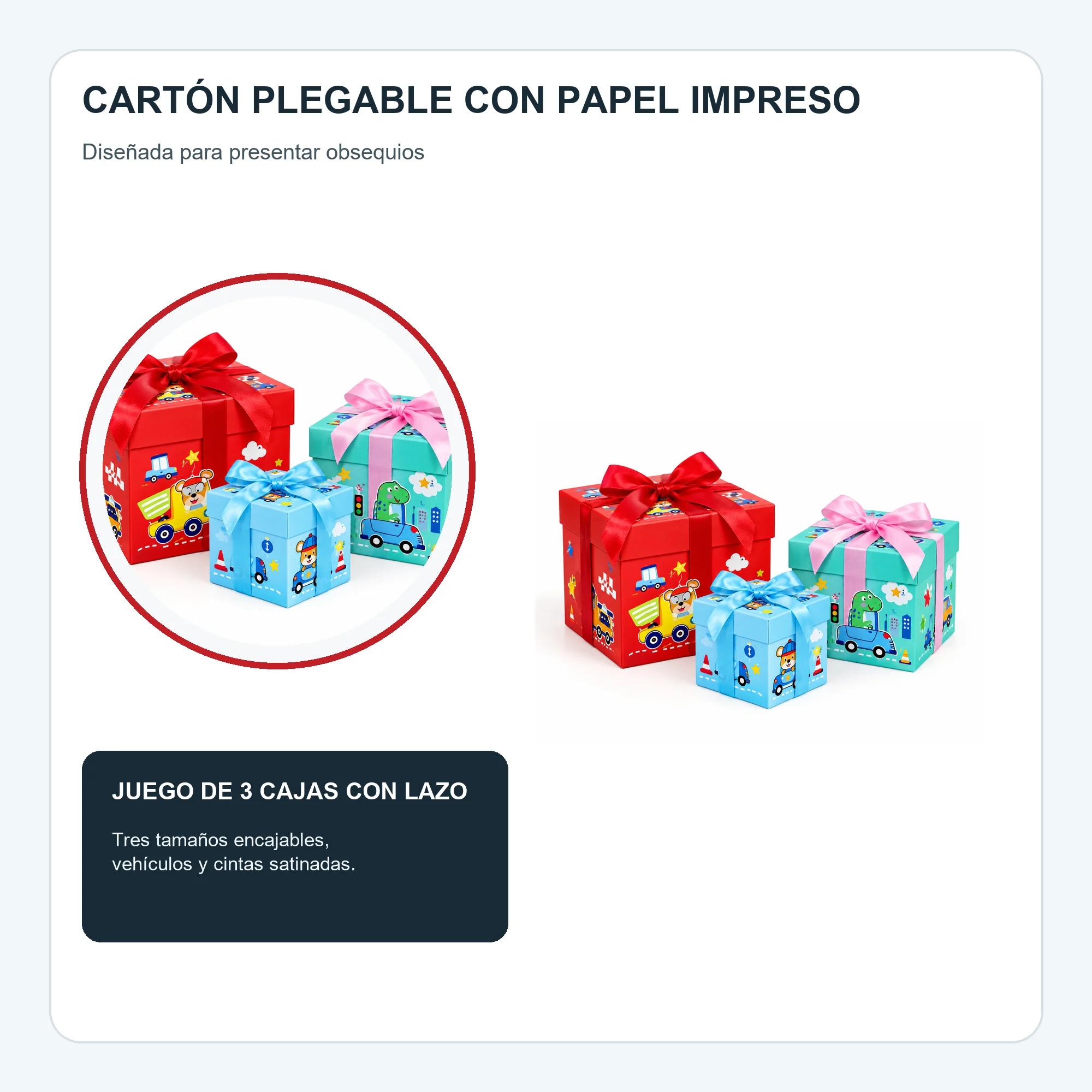 Juego de 3 Cajas de Regalo Juego De Cajas Infantiles Con Vehículos Y Lazo, Tres Tamaños