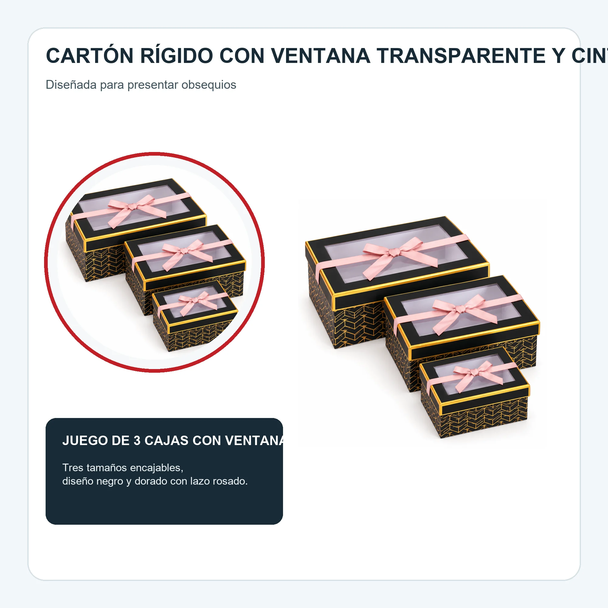 Juego de 3 Cajas de Regalo Juego De Cajas Negras Con Ventana Y Lazo Rosado, Tres Tamaños