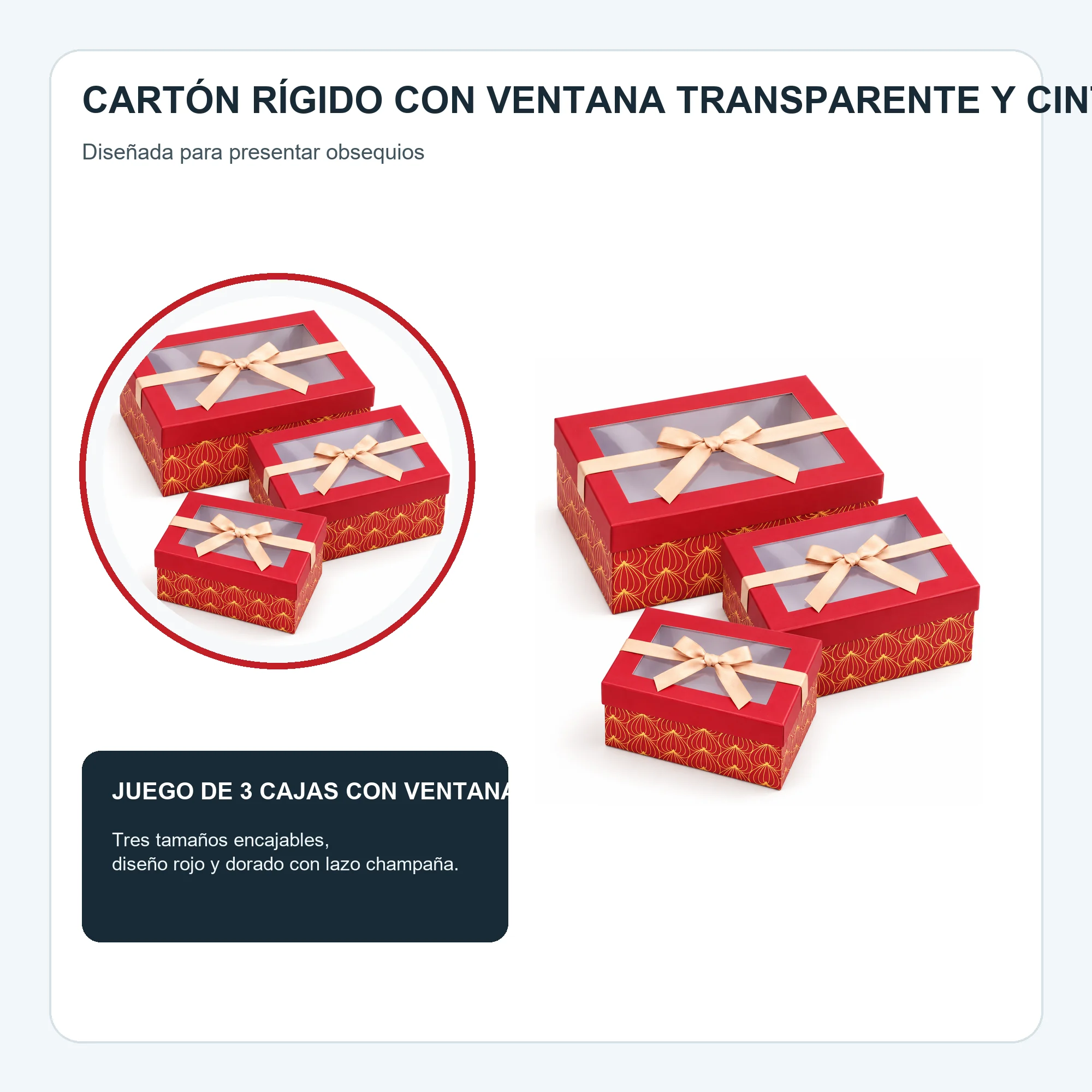 Juego de 3 Cajas de Regalo Juego De Cajas Rojas Con Ventana Y Lazo Champaña, Tres Tamaños