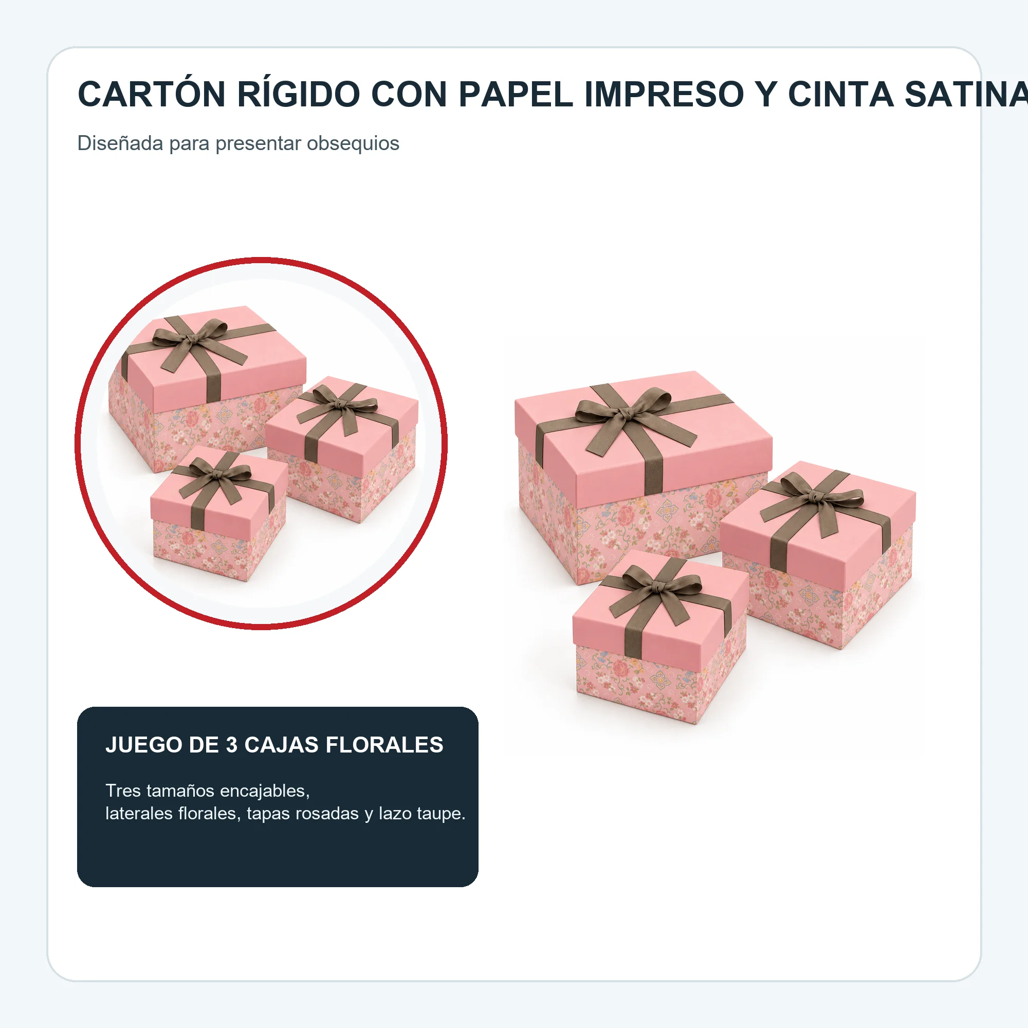 Juego de 3 Cajas de Regalo Juego De Cajas Rosadas Con Laterales Florales, Tres Tamaños