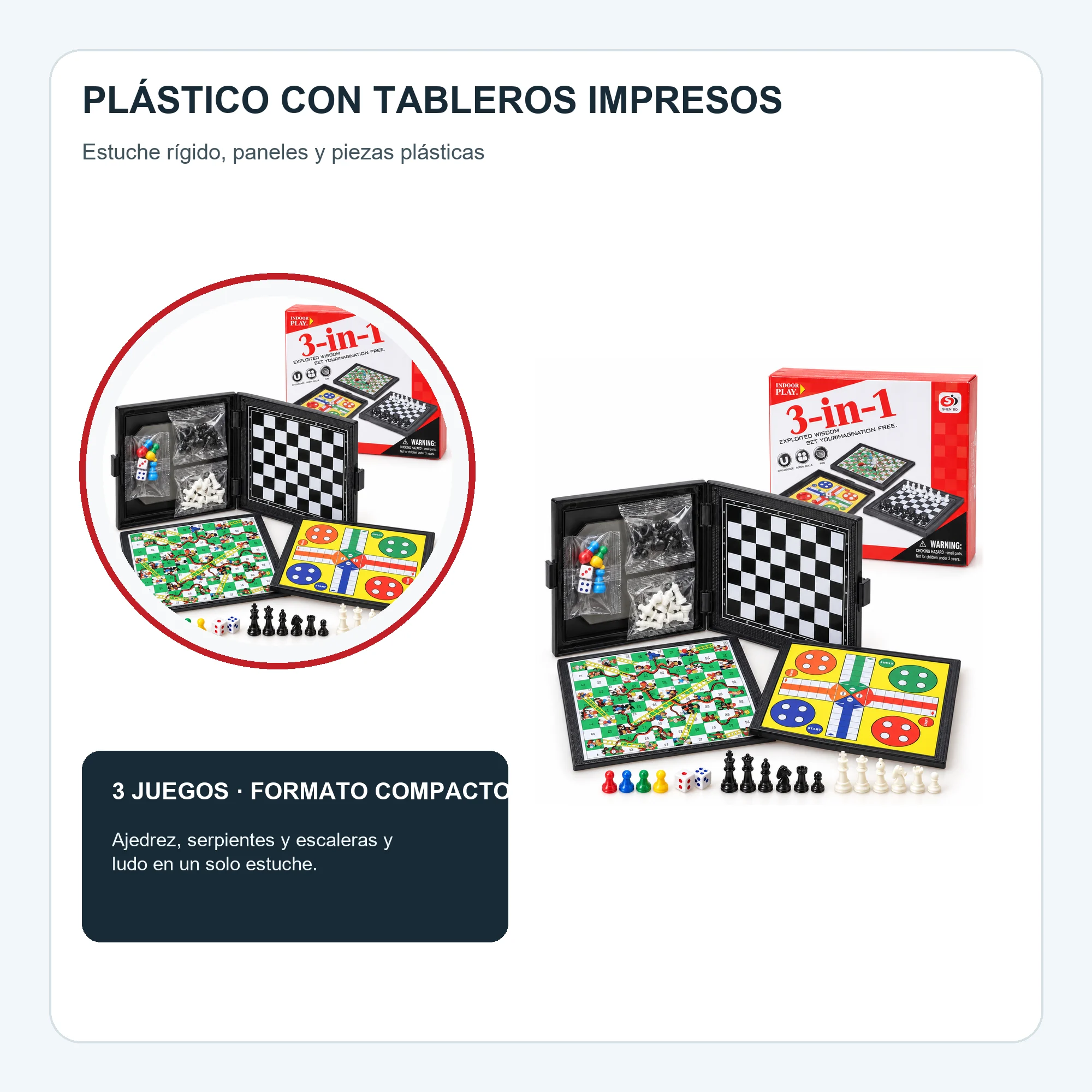 Juego de Mesa 3 en 1 Compacto con Estuche, 14,5 × 14,5 cm