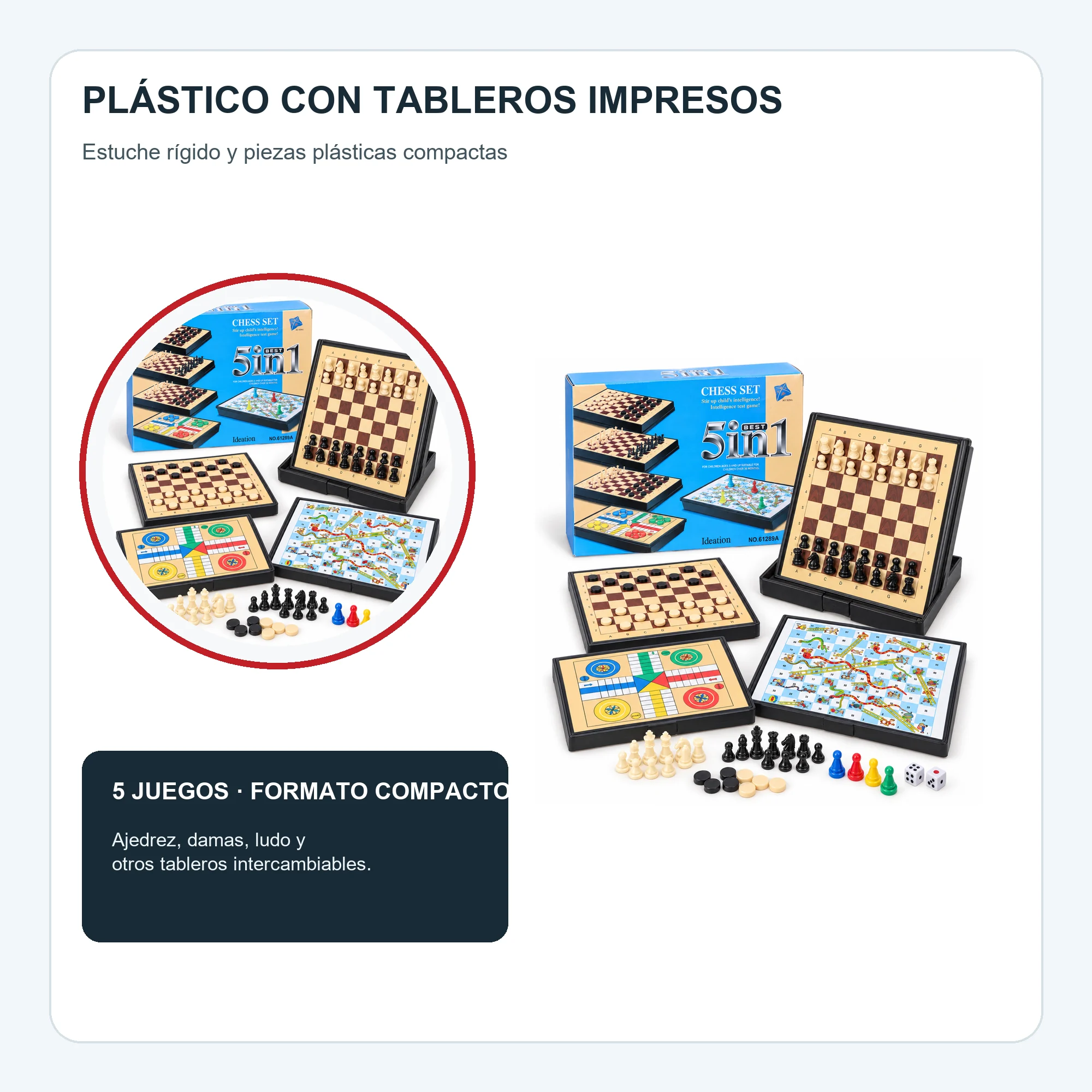 Juego de Mesa 5 en 1 Compacto con Estuche, 11,5 × 16,5 cm