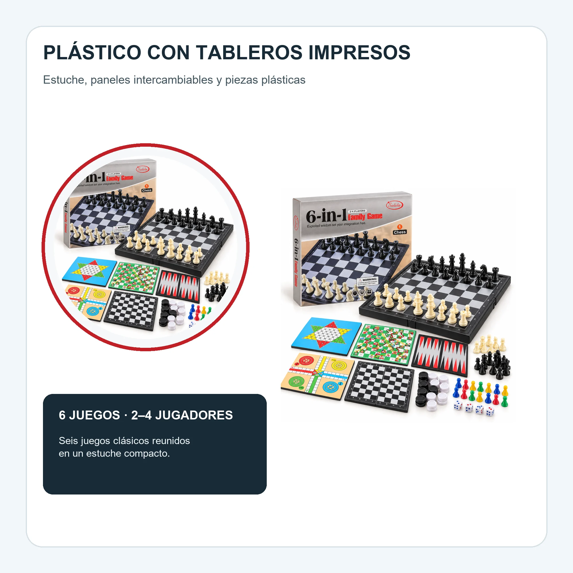Juego de Mesa Sulida 6 en 1 para 2–4 Jugadores, 18,3 × 17,6 cm
